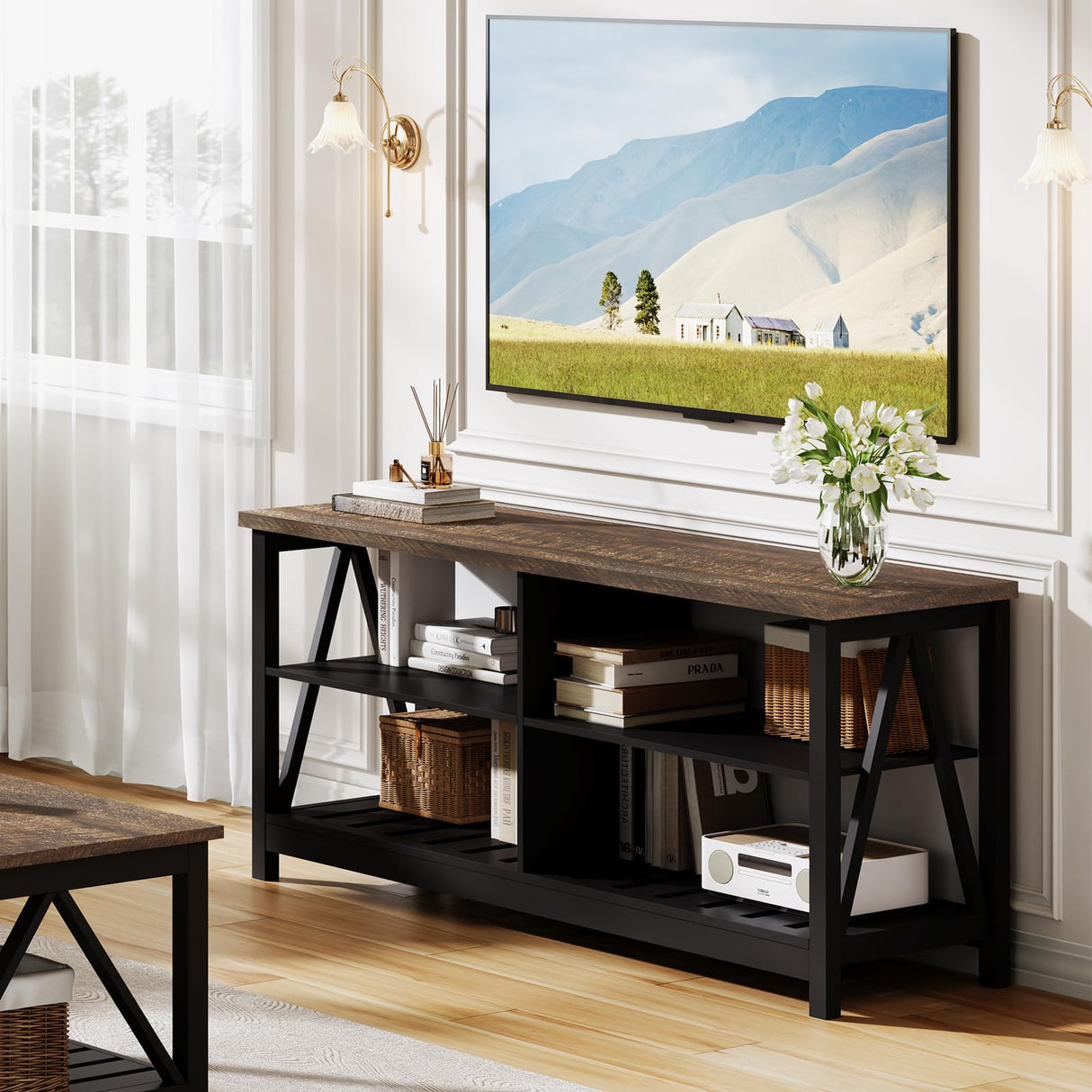 ChooChoo Farmhouse TV Stand for TVs up to 55 Inch, Modern Entertainment Center with 4 Open Shelves & Built-in Cable Holes, Media TV Console for Living Room, Bedroom, Black ChooChoo