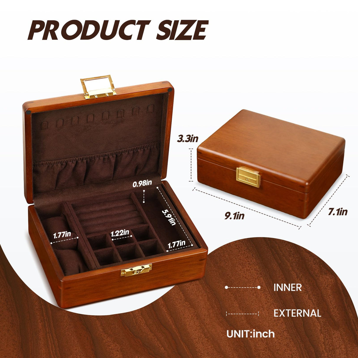LIBOLXSP Solid Walnut Wood Jewelry Box with Lock,2 Layer Velvet Lined for Earrings Rings Necklaces Bracelets Watches,Both Style and Security, for Men Women,Vintage Brown LIBOLXSP
