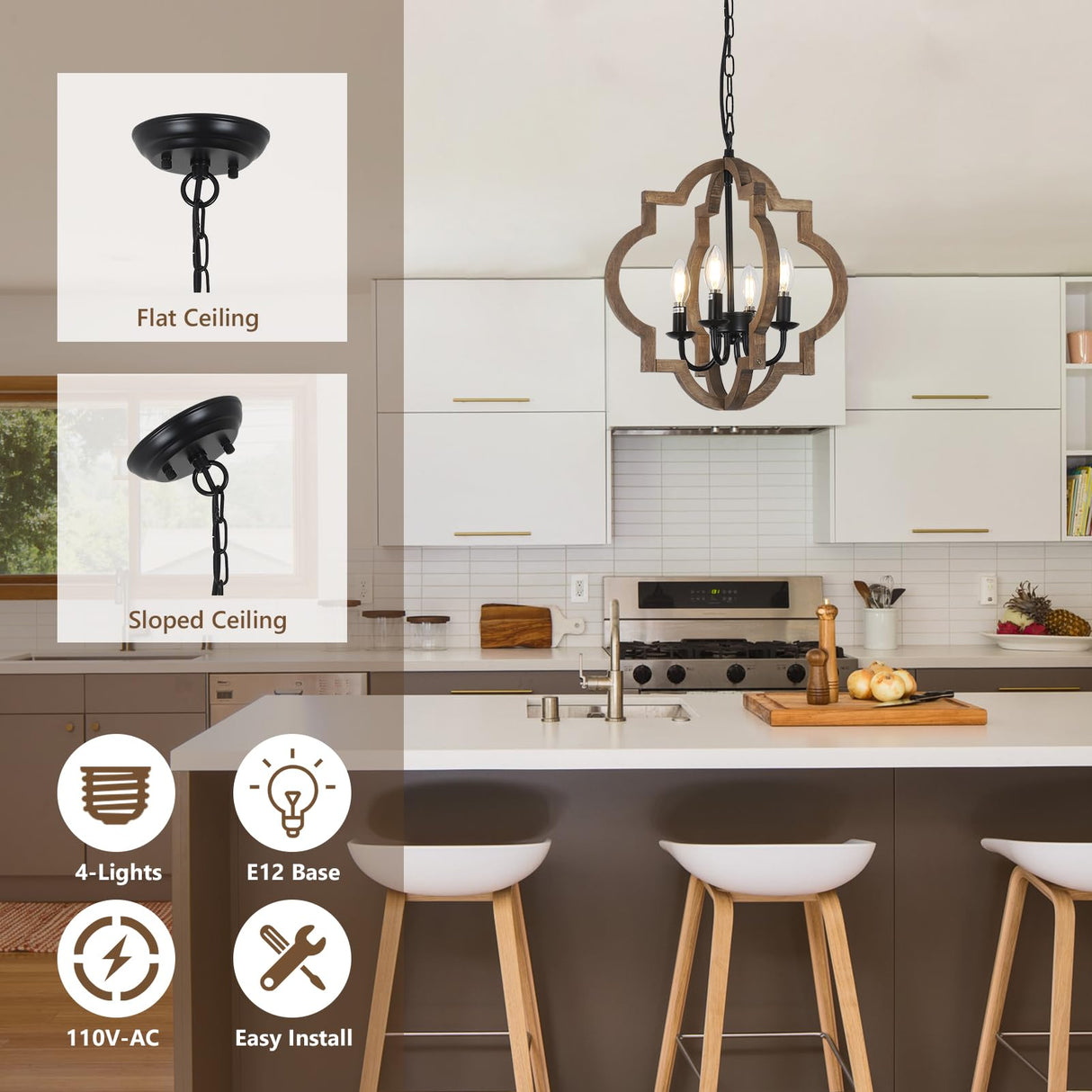 Farmhouse Chandelier Light Fixtures, 4-Light Dining Room Light Fixtures Over Table, Solid Wood Chandeliers for Dining Room, 15.7“ Brown Rustic Chandeliers for Living Room Kitchen Island Bedroom Foyer Stepeak