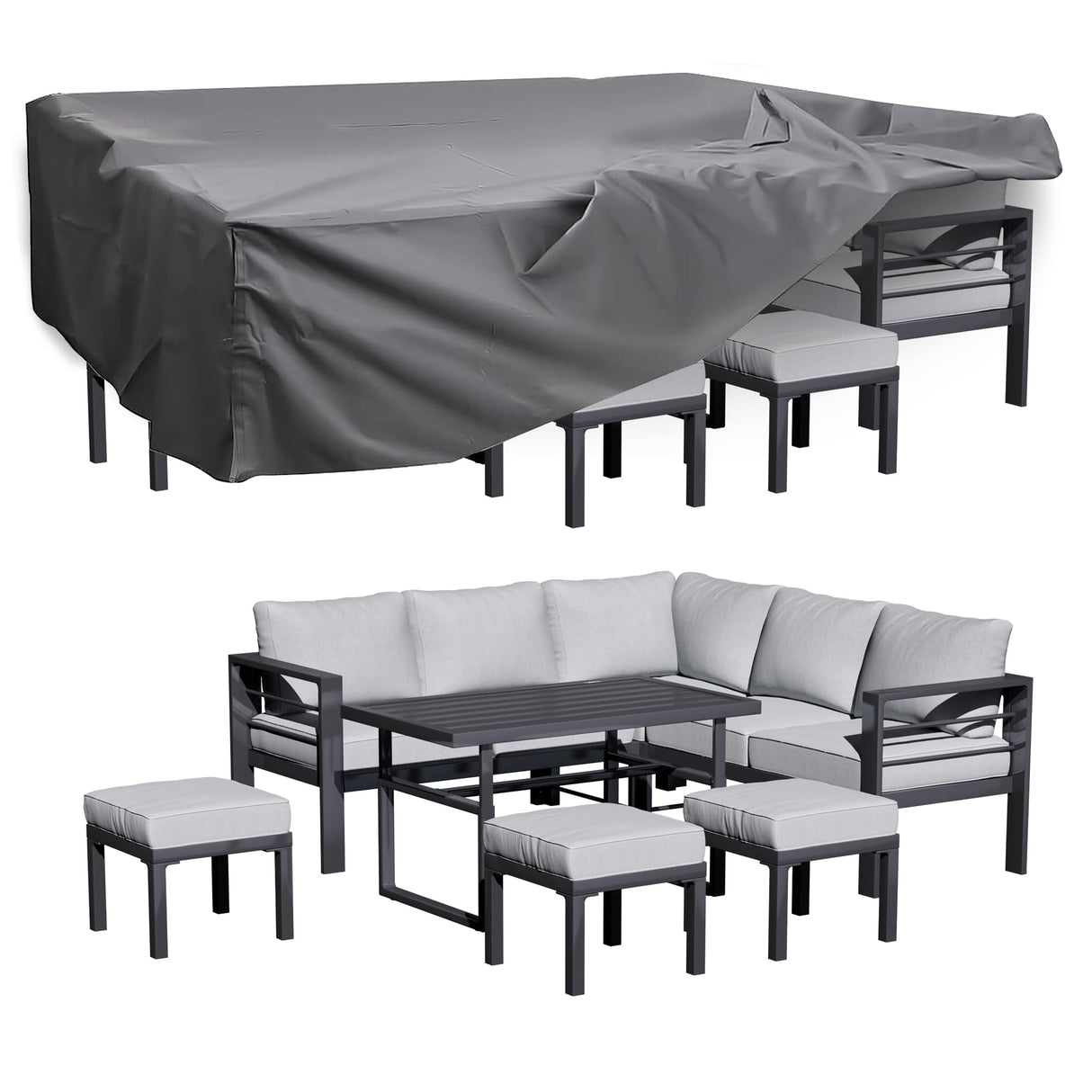 AECOJOY Aluminum Patio Furniture Set with Waterproof Cover, Modern Outdoor Patio Furniture, Outdoor Conversation Table and Chair Sets for Lawn, Backyard, and Deck with Light Grey Cushions AECOJOY