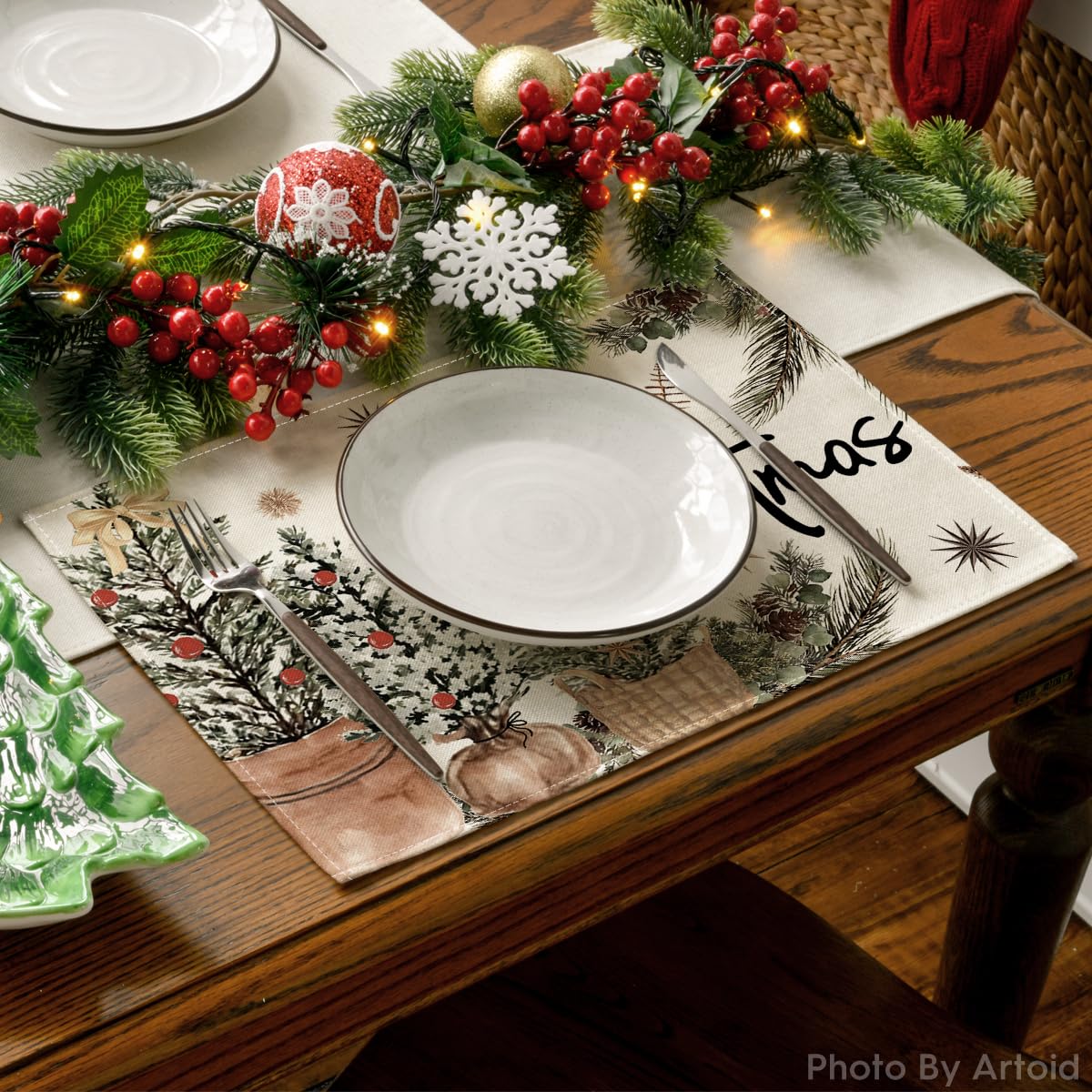 Artoid Mode Xmas Trees Holly Pine Cone Merry Christmas Placemats Set of 4, 12x18 Inch Seasonal Winter Holiday Table Mats for Party Kitchen Dining Decoration Artoid Mode