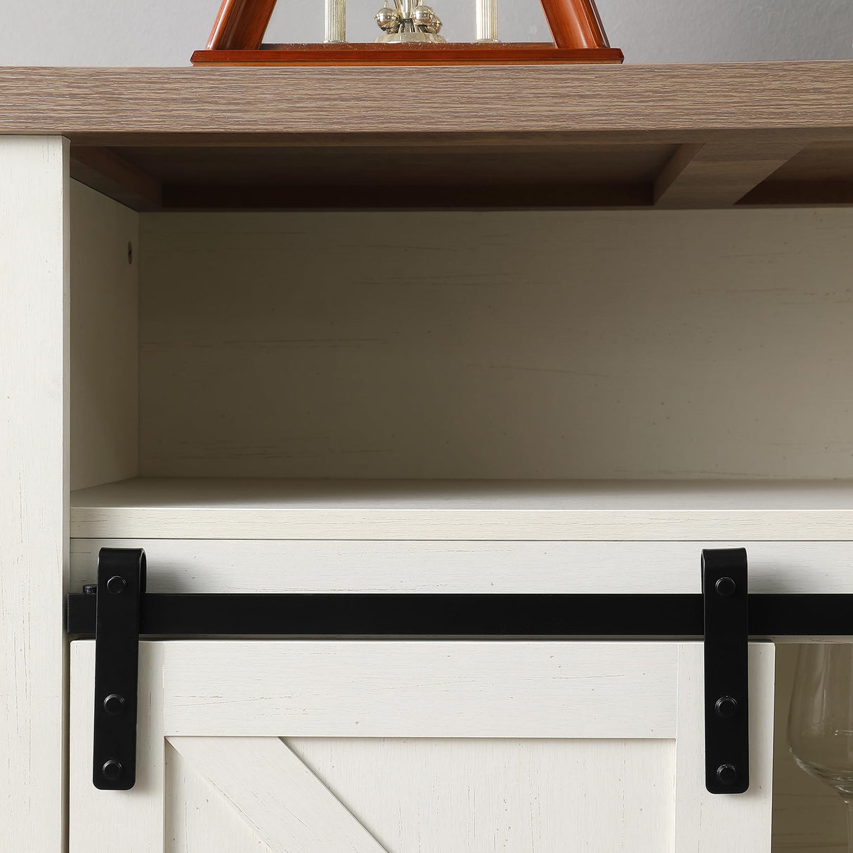 Kebuz House Farmhouse Wine Cabinet with Sliding Barn Door & Open Shelf, Liquor Cabinet with Rack for Inside Cabine,Buffet Table for Dining Room, Kitchen,Off White Kebuz House