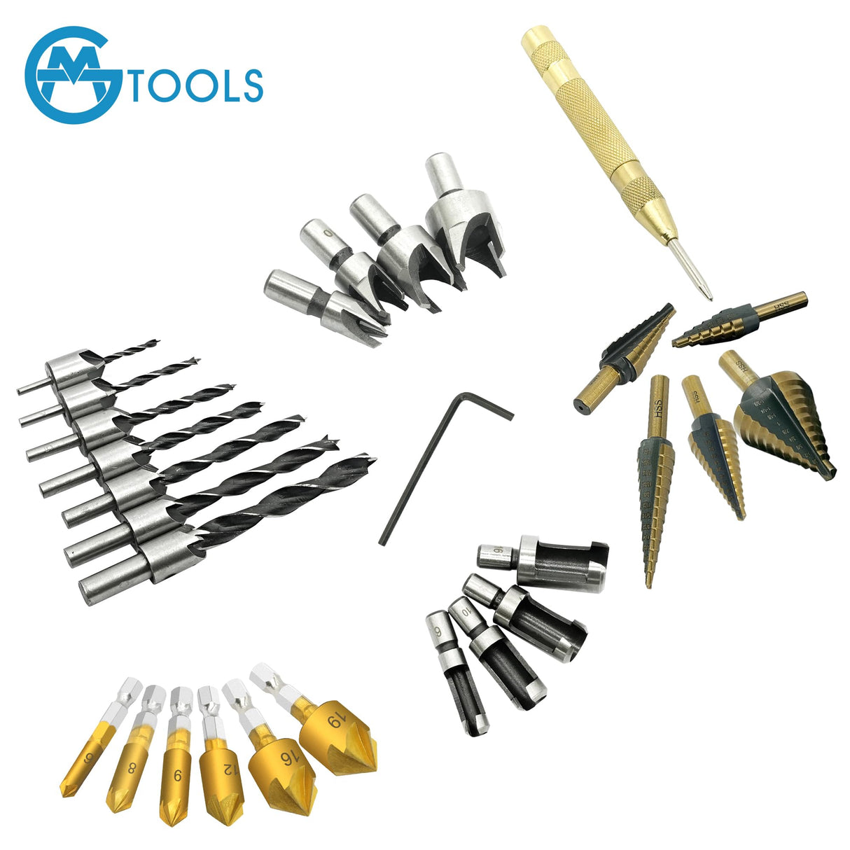 GMTOOLS 28Pcs Woodworking Chamfer Drilling Tools-Countersink Bit, Step Drill Bit Set, Wood Plug Cutter Drill Bit Set (2 Styles), 5-Flute Countersink Drill Bit, Positioning Punch and 1pc Hex Wrench GMTOOLS