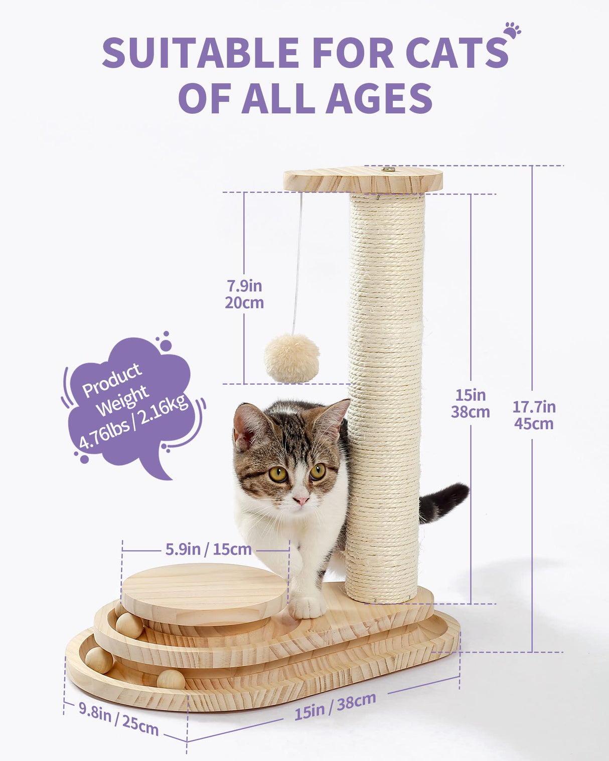 Made4Pets Cat Scratching Post Cat Scratcher Kitten Toys for Indoor Cats Wooden Ball Track Two-Layer Modern Sisal 17.7" Tall Scratch Post Interactive Toy with Dangling Ball MADE 4 PETS