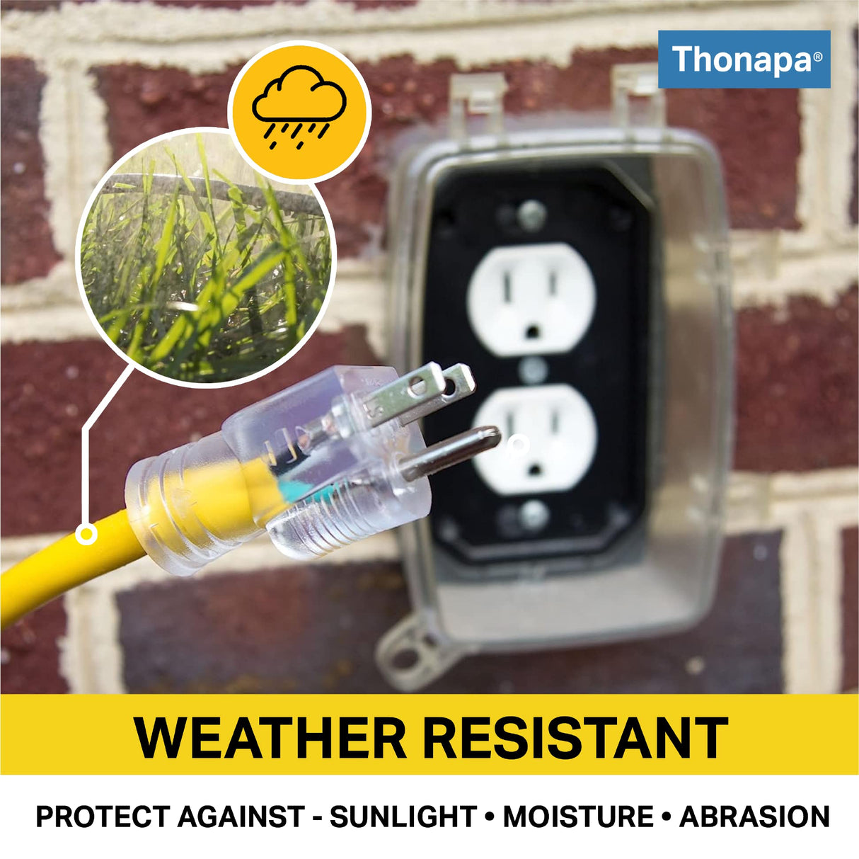 THONAPA 10 Gauge Outdoor Extension Cord 75 ft with 3 Outlets - Weatherproof Heavy Duty Extension Cord with Multiple Outlets 75 Foot, 10/3 SJTW Yellow Cable with 3 Prong Grounded Plug, 15 Amp Thonapa