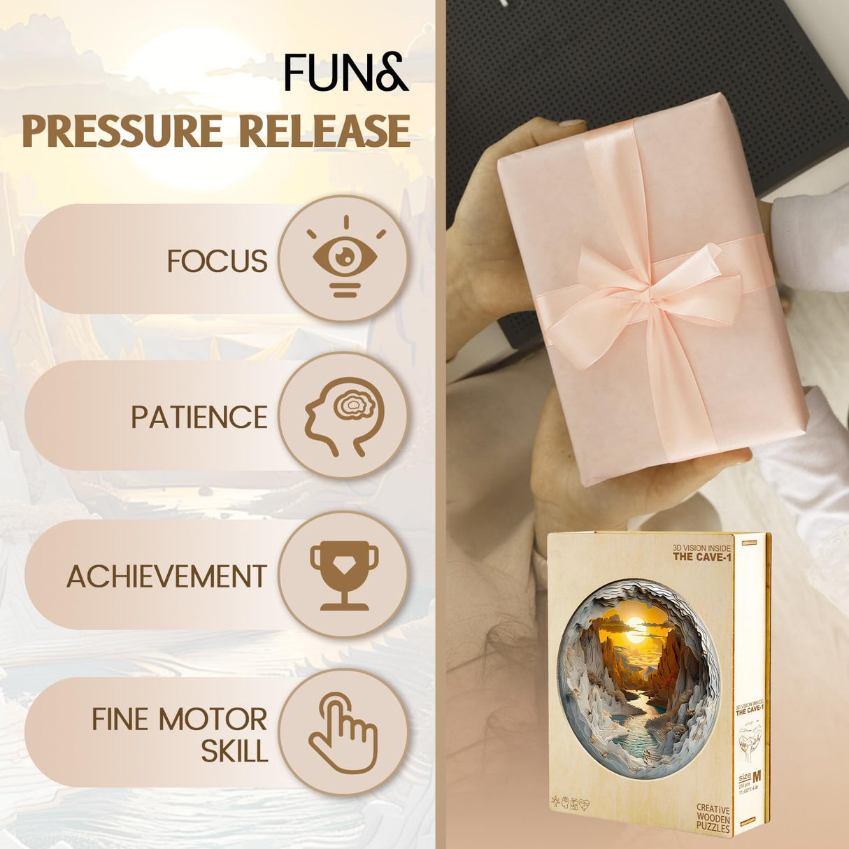 Wooden Puzzle for Adults-3D Vision Effect Wooden Puzzle Unique Shape Advanced Cave Wooden Jigsaw Puzzle for Adult, Wood Puzzles,Challenge Wooden Jigsaw Puzzle (S-8.5 * 8.5in-100pcs) Welsky