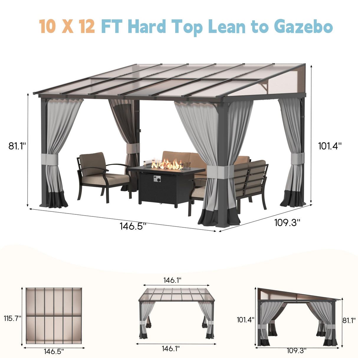 RTDTD 10' x 12' Gazebo,Hard Top Lean to Gazebo Wall Mount Heavy Hardtop Gazebo Outdoor Pergola with Curtains and Netting for Patio Garden Lawn Backyard Deck (Grey) RTDTD