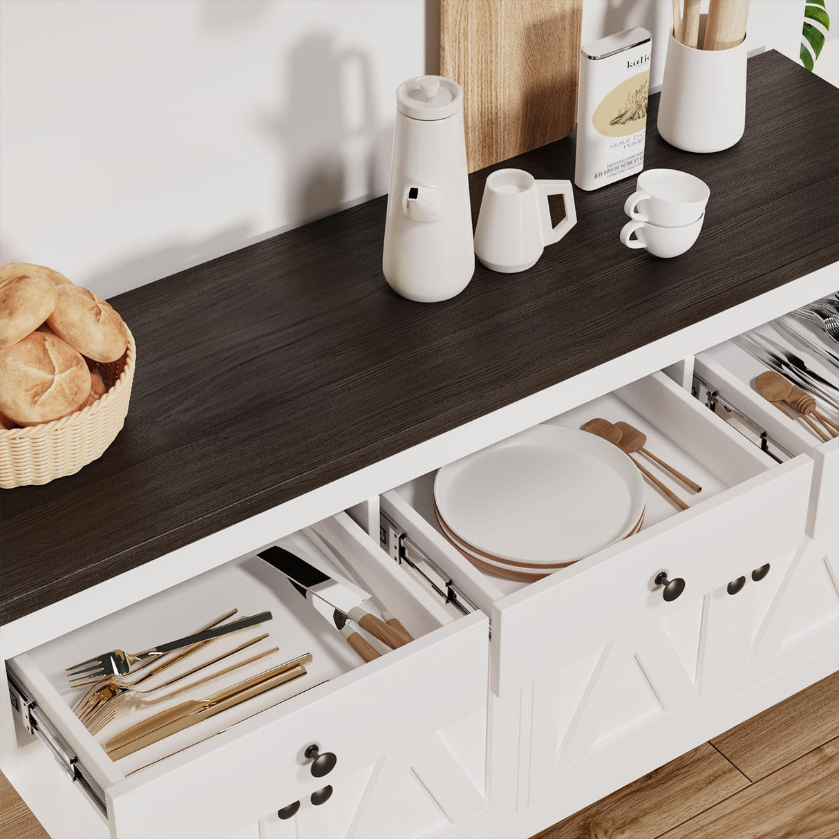 Redlife Farmhouse Sideboard Buffet Cabinet with Storage, Wood Coffee Bar Cabinet, 55" Sideboard with 3 Drawers, Farmhouse Buffet Cabinet for Dinning Room, Kitchen, Living Room, White Redlifeᅟᅠ