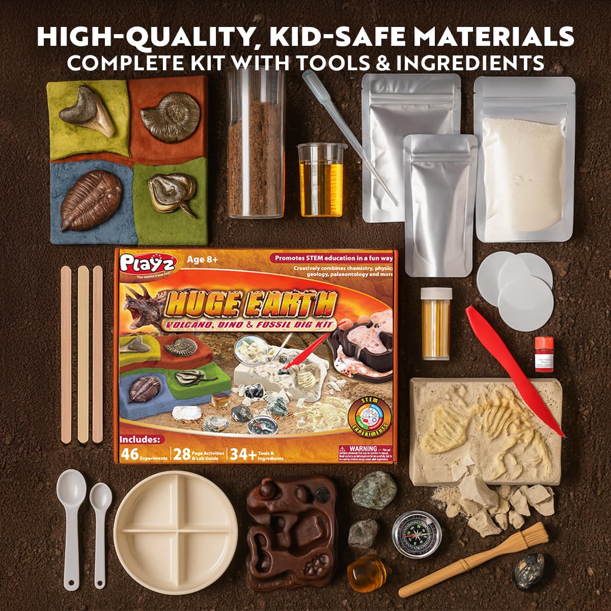 Playz Fossil Digging Kit for Kids Ages 6-12 – Dinosaur Fossil Excavation Tools, Paleontology Volcano Lab & Mining Activity Set Playz