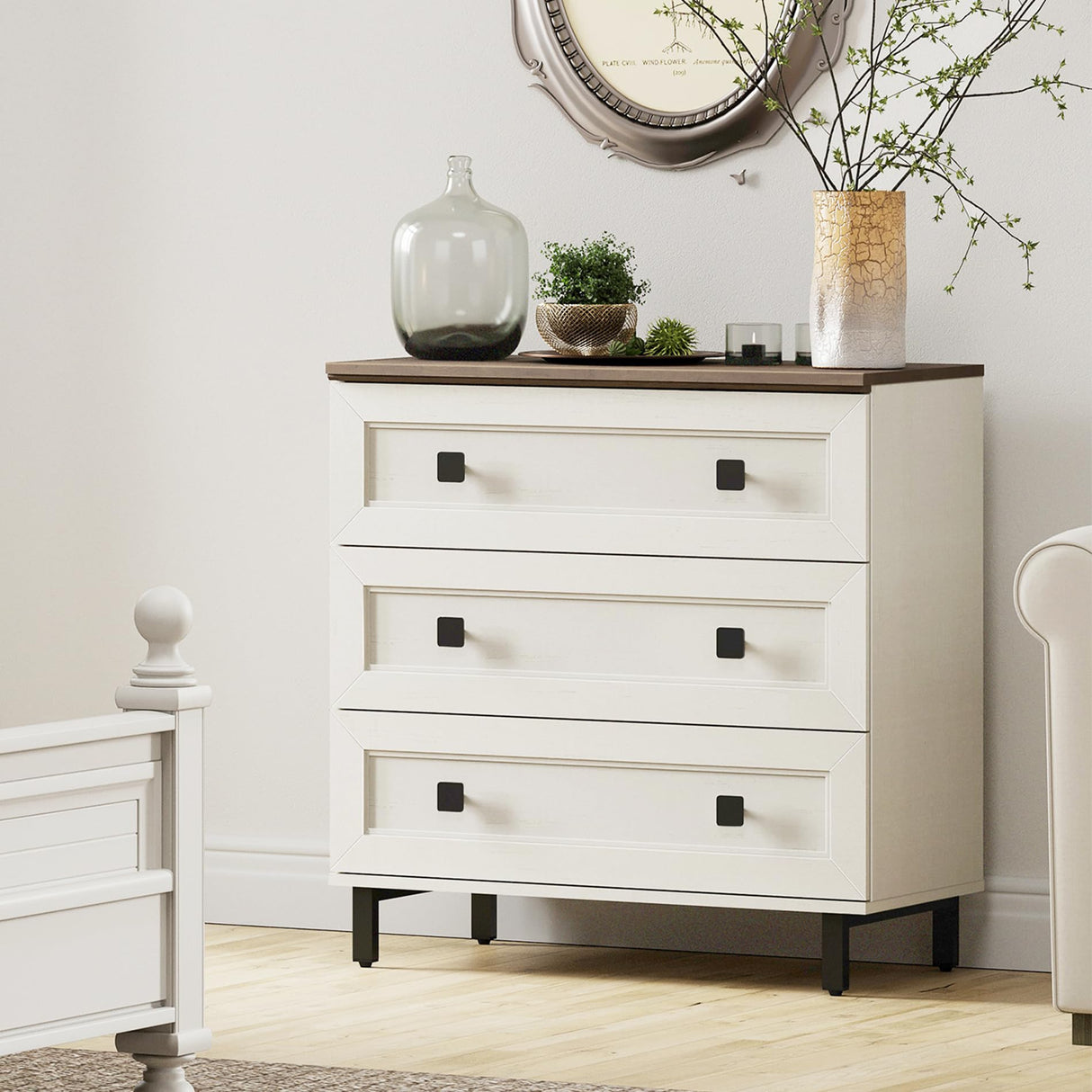 FENSULN Farmhouse 9 Drawers Dresser for Bedroom, Wood Chest of Drawers with Large Storage, Rustic Closet Dresser for Bedroom, Living Room,Nursery Antique White FENSULN