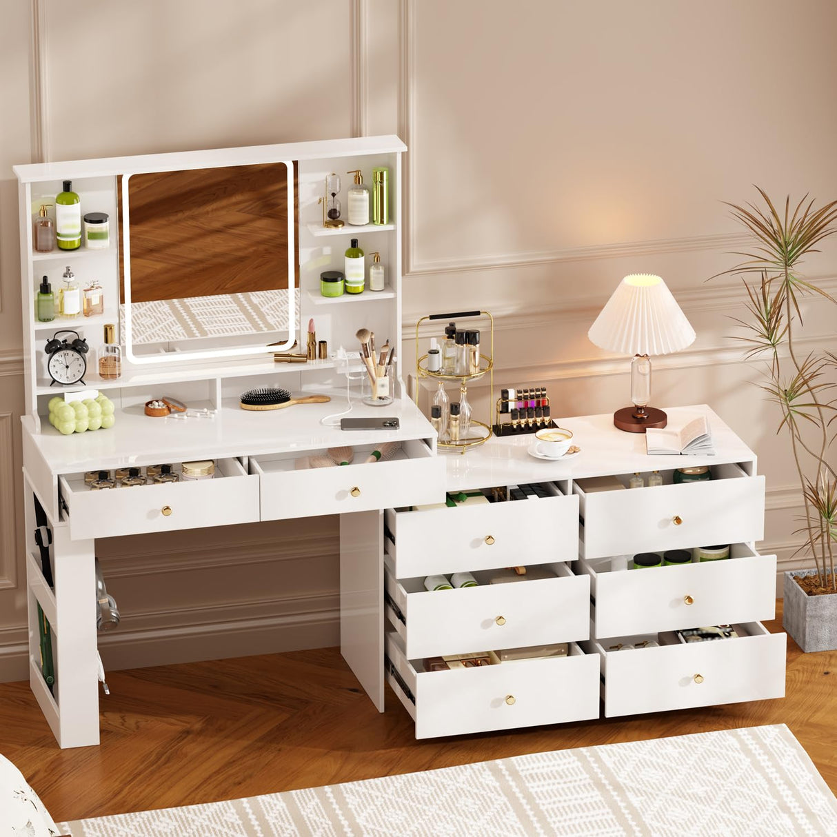 YYJ 74.8''Makeup Vanity Desk with Large Mirror and Lights&Charging Station,Modern Corner Vanity Table with 8 Storage Drawers and Shelves,Dressing Table with nightstand,Makeup Table for Bedroom,White YYJ