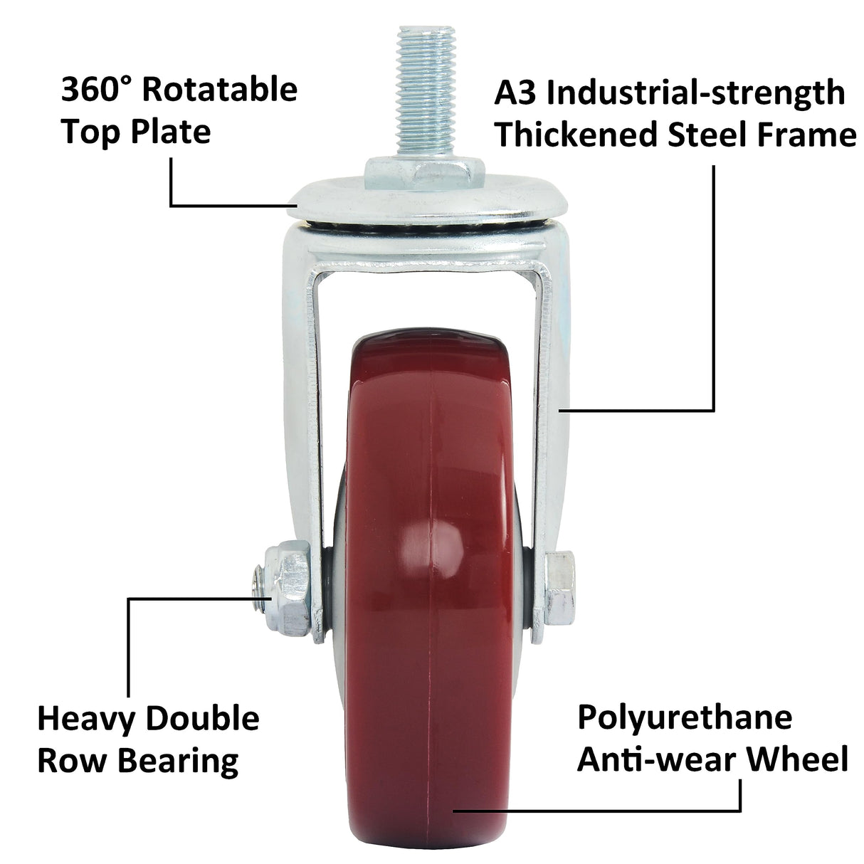 Finnhomy Swivel Caster Wheels 4 Inch Threaded Stem Casters Set of 4 Heavy Duty 1/2"-13 x 1 Anti-wear Polyurethane Industrial Castor Wheels for Cart/Furniture Load Bearing 2200 Lbs Smooth Casters Red Finnhomy