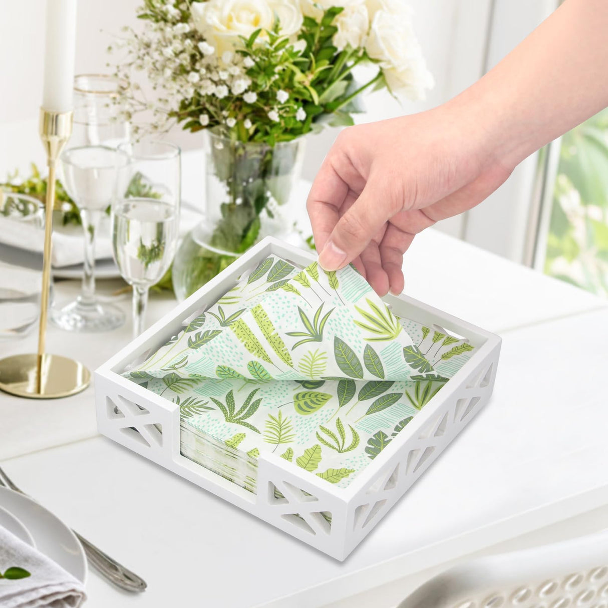 Wooden Napkin Holder for Table Kitchen Decor Countertop Paper Bathroom Towel Holder Farmhouse Cocktail Napkins Tray Wood Napkins Dispenser Basket Square Dinner Napkin Holders Caddy Renawe