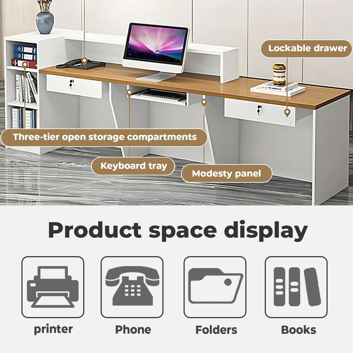 Nuipesn Reception Desk, Front Desk Reception Counter with Shelf & Lockable Drawers,Reception Table with Private Panels for Office,Beauty Salon (Gray Grain + White/Right, 59" L*24" W*39" H) Nuipesn