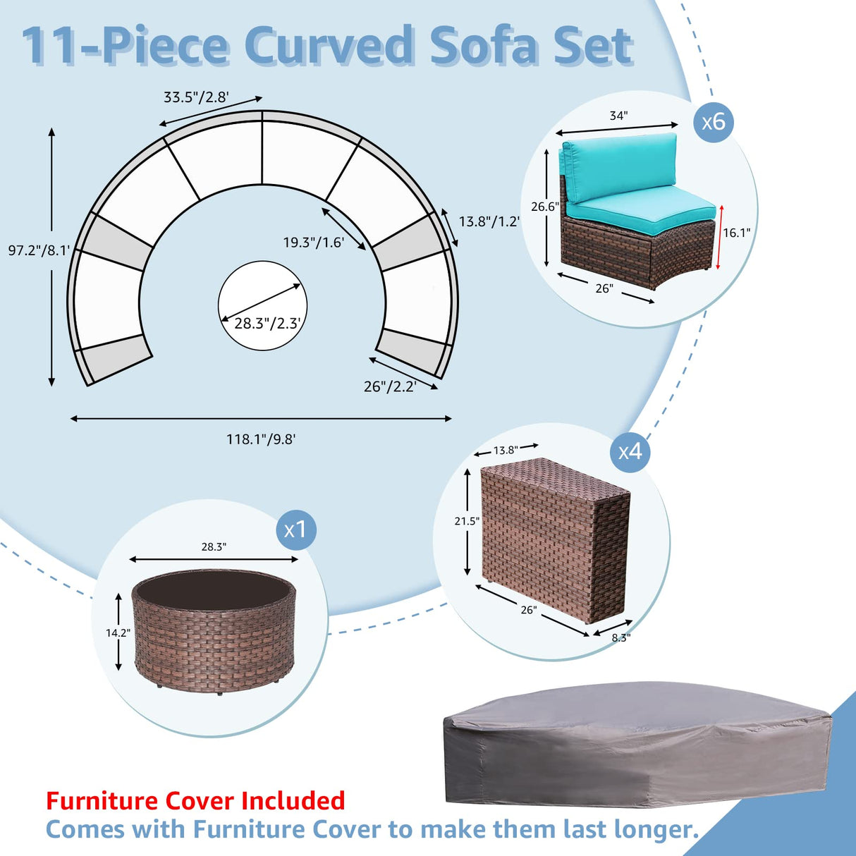 OC Orange-Casual Half Moon Patio Furniture Sectional Set, Curved Outdoor Sofa, All-Weather Wicker Chair and Round Coffee Table, Turquoise Cushions, 11 Pieces (Pillows & Waterproof Cover Included) OC Orange-Casual