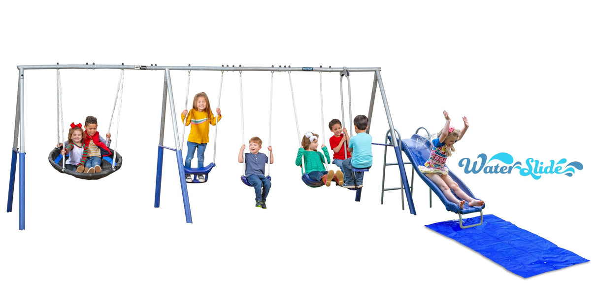 Fun Forever Plus with 6' Water Slide & Ground Tarp - 8 User / 6 Station Metal Backyard Play Swing Set. 192" L x 104" Deep x 74" H, by XDP Recreation XDP RECREATION
