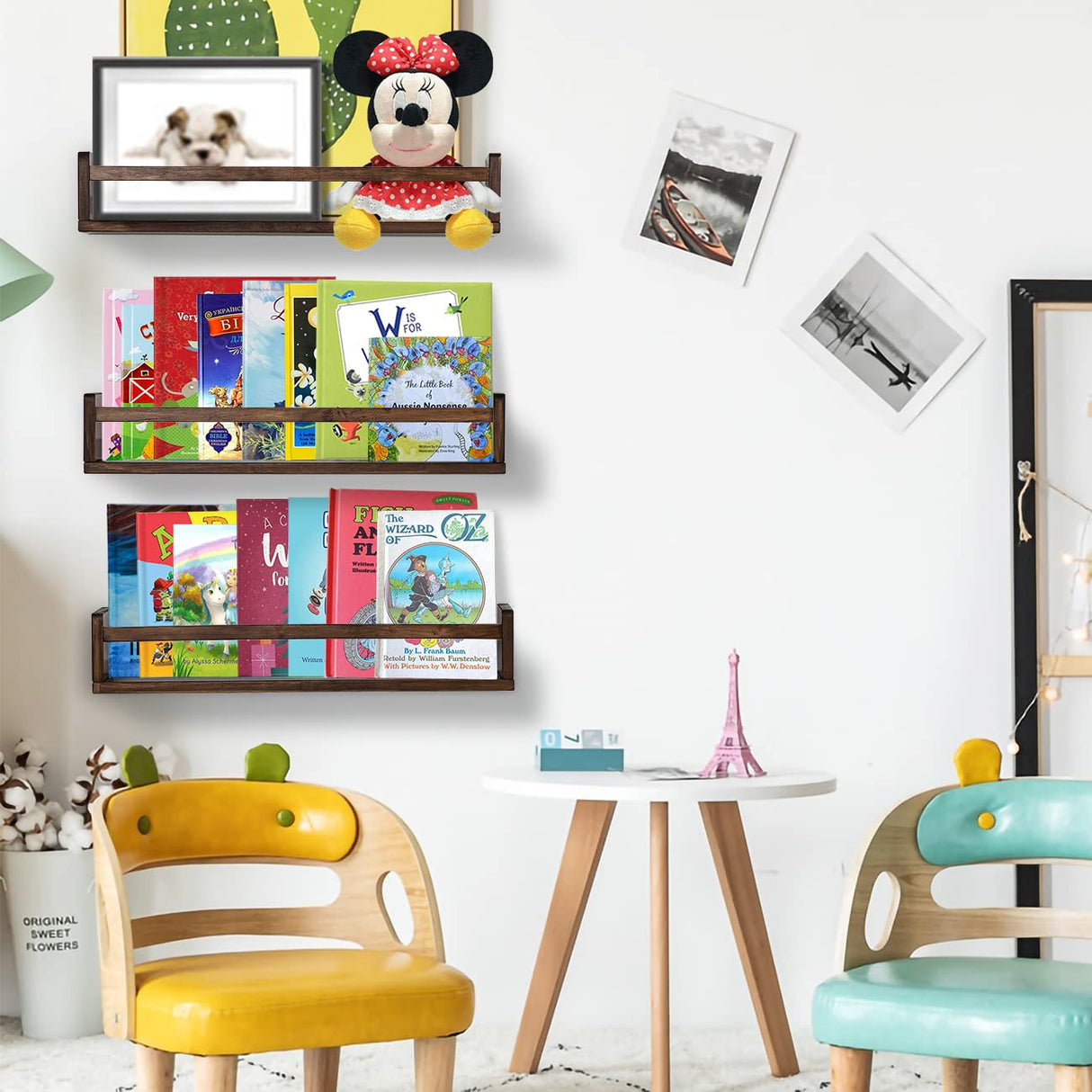 AZSKY Nursery Book Shelves 24 in Set of 3 Walnut Floating Bookshelf for Kids Room Wall Mounted Floating Shelves Solid Nursery Bookshelf Perfect Decor for Kitchen Bedroom Living Room AZSKY