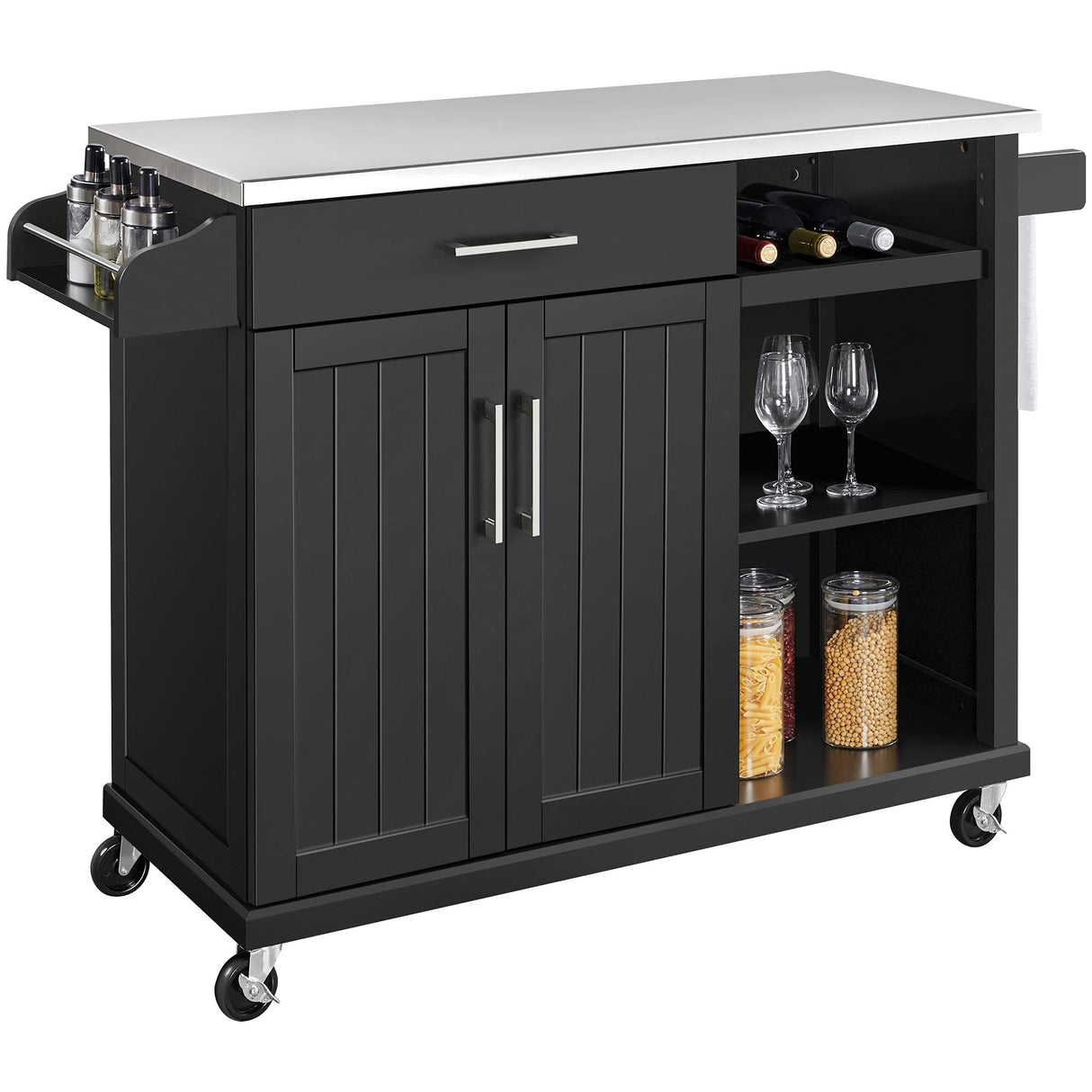 Yaheetech Kitchen Cart with Stainless Steel Top and Storage Cabinet, Kitchen Island on Wheels with Drawer & Open Shelves & Wine Rack & Spice Rack, 18" D x 51" W x 36" H, Black Yaheetech