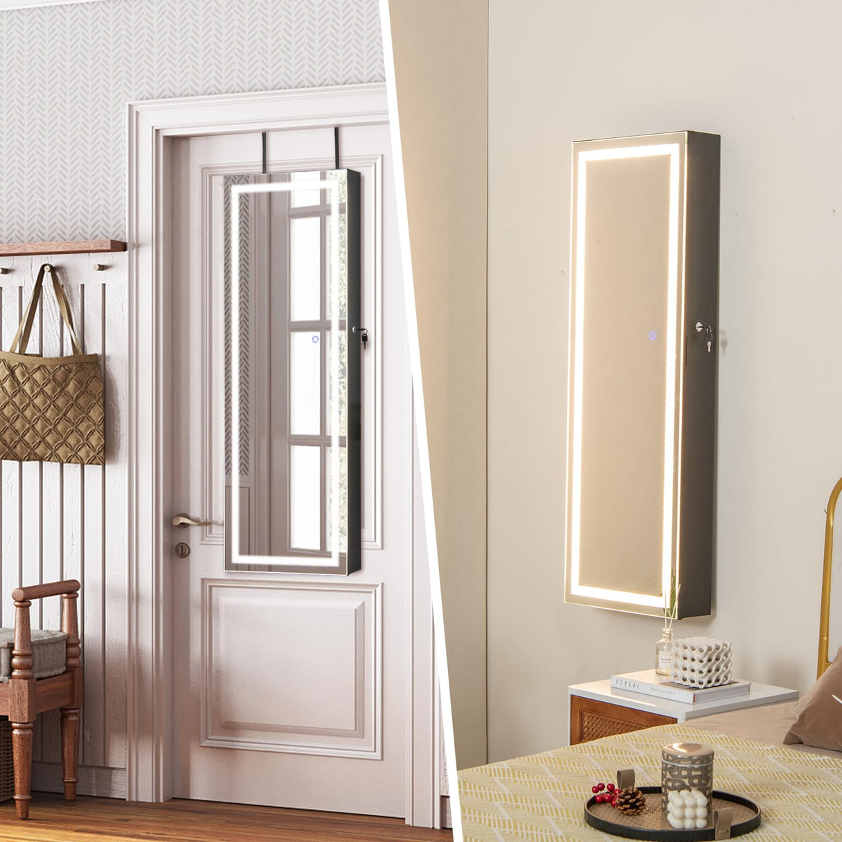 Giantex Jewelry Cabinet Armoire Door Wall Mount, 47.2in Lockable Touch Screen Lighted Full Length Mirror, 3 Lighting Settings, Inside Makeup Mirror, Jewelry Storage Box Organizer (Black) Giantex