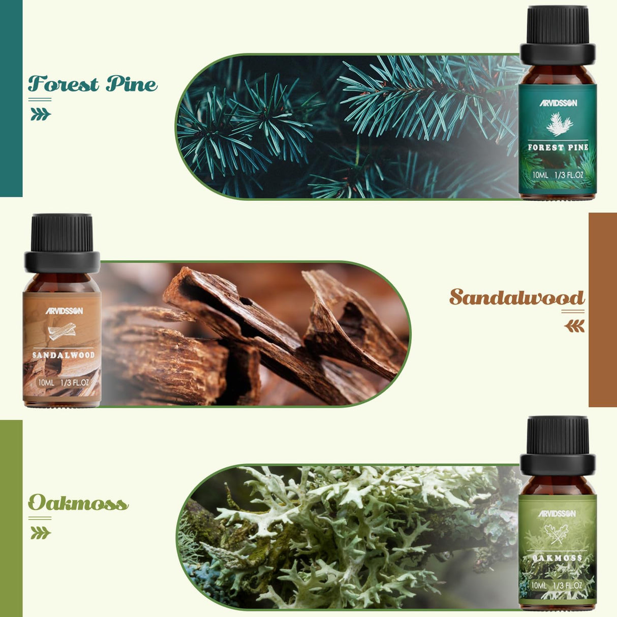 Nature Essential Oils Set, ARVIDSSON Natural Fragrance Oils for Candle Making, Fresh Cut Grass, Ocean Breeze, Rain, Pine, Sandalwood, Oakmoss, Diffuser Scented Oils ARVIDSSON