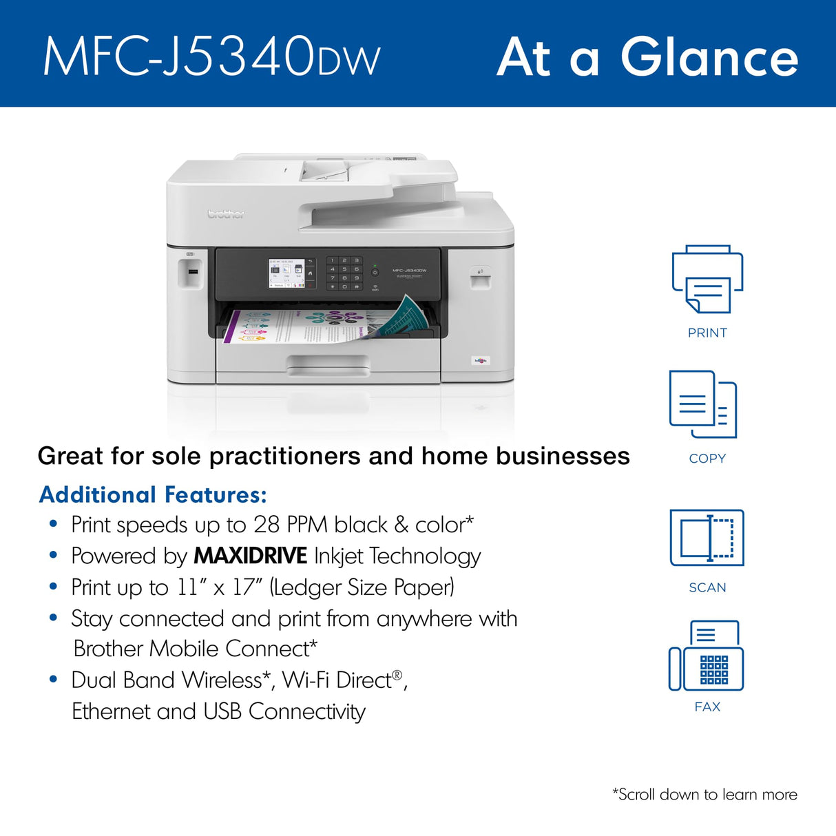Brother MFC-J5340DW Business Color Inkjet All-in-One Printer with Printing up to 11”x17 (Ledger) Size Capabilities, White Brother