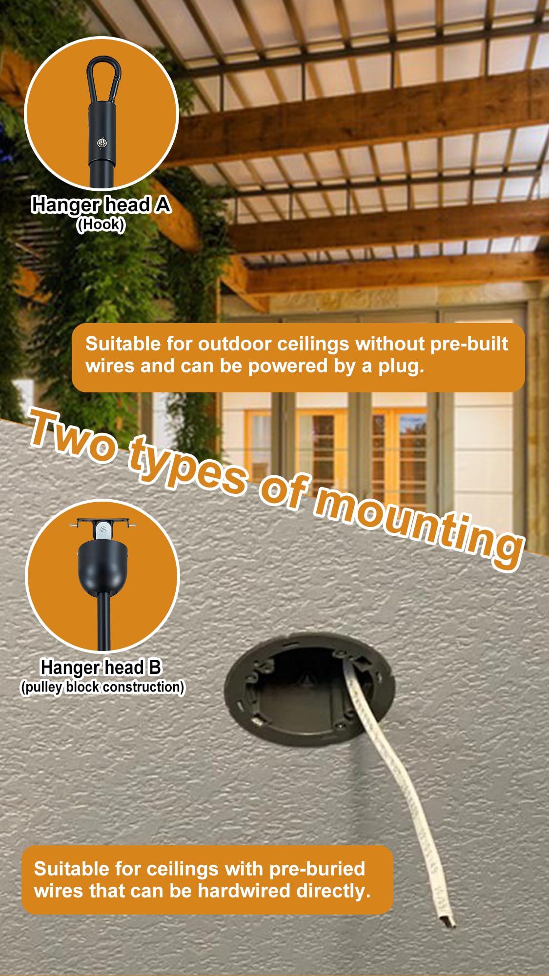 Linher 36"" Outdoor Gazebo Fan with Dimmable Light and Memory Remote, Plug-In Wet Rated Outdoor Ceiling Fan, Outdoor Hanging Fan For Gazebo, Patio, Waterproof, Walnut, F235-BK-36in Linher