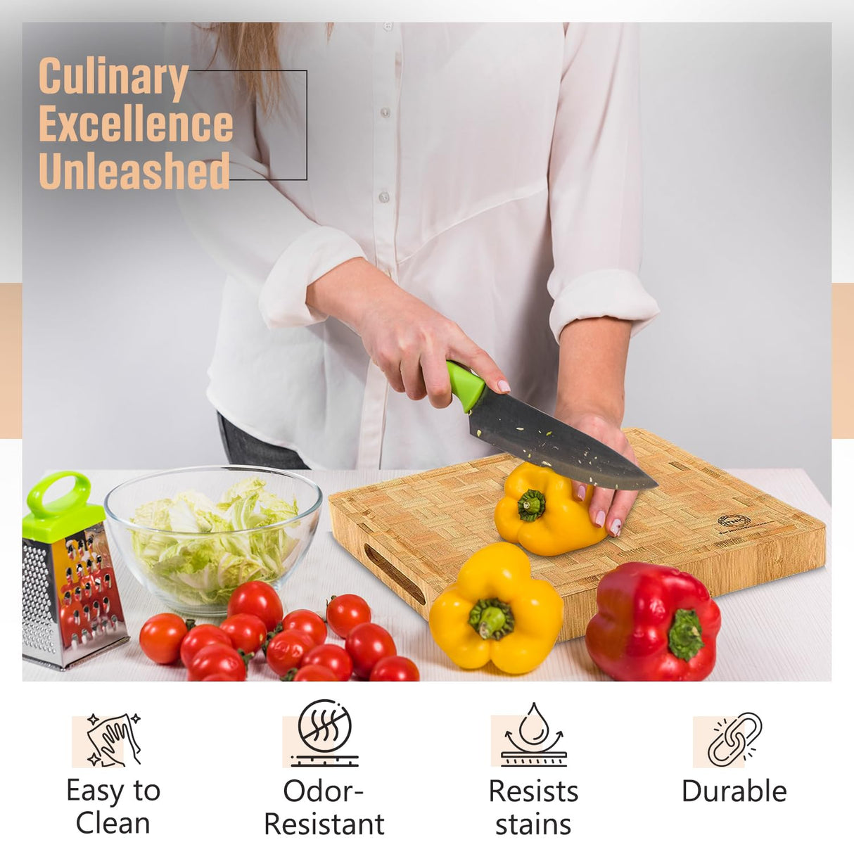 Small End Grain Bamboo Cutting Board | Professional, Butcher Block | Non-Slip Rubber Feet Top Notch Kitchenware