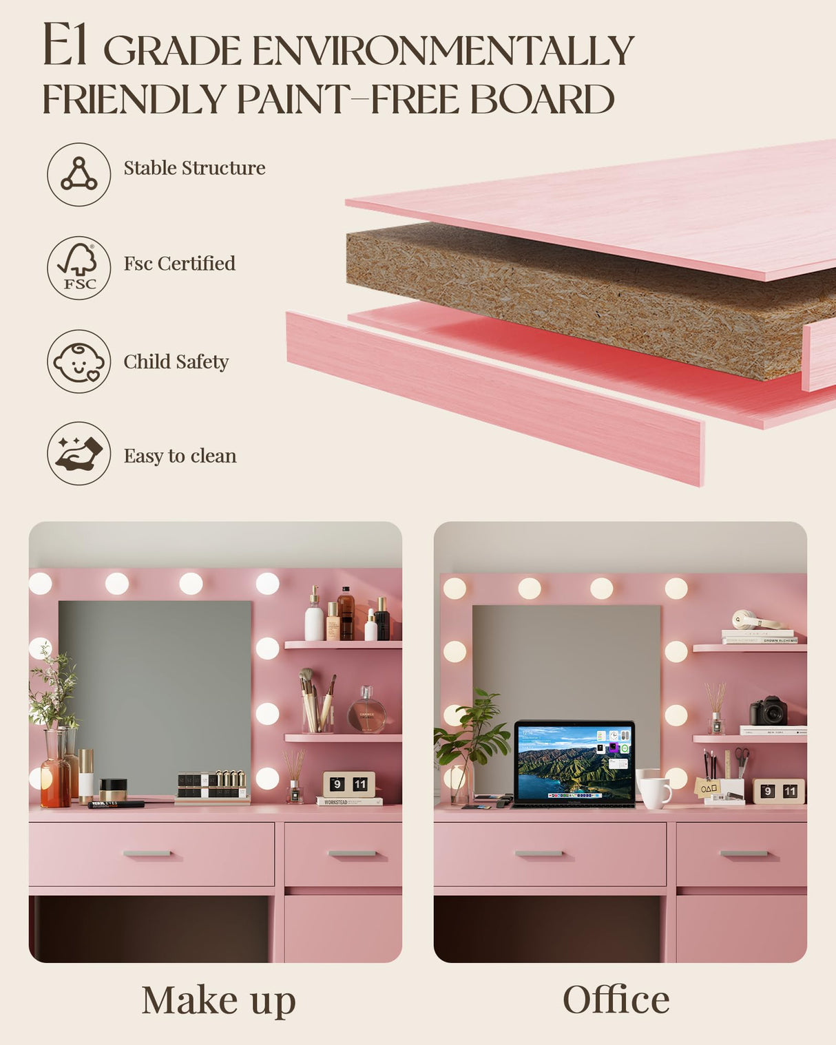 LIVELYGLOW Vanity with Lights, Makeup Vanity with Mirror, 3 Lighting Modes, for Bedroom, Pink LIVELYGLOW