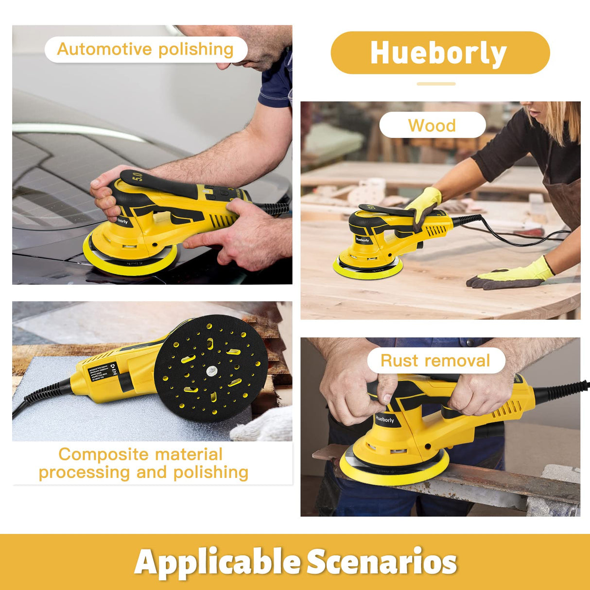 Hueborly Electric Random Orbital Sander Brushless Motor Powerful 350W Polisher Sander 6-Inch 10000 RPM Variable Speed Tool for Sanding Walls and Wood, Rust Removal, Car Polishing Ect Hueborly