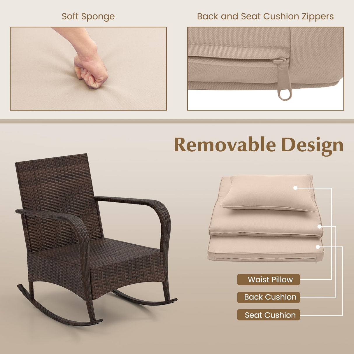 Tangkula 3 Pieces Rocking Bistro Set, Patiojoy Outdoor PE Rattan Rocker Chairs with Removable Cushions & Tempered Glass Top Coffee Table, Outdoor Wicker Furniture Set for Porch, Garden (Brown) Tangkula