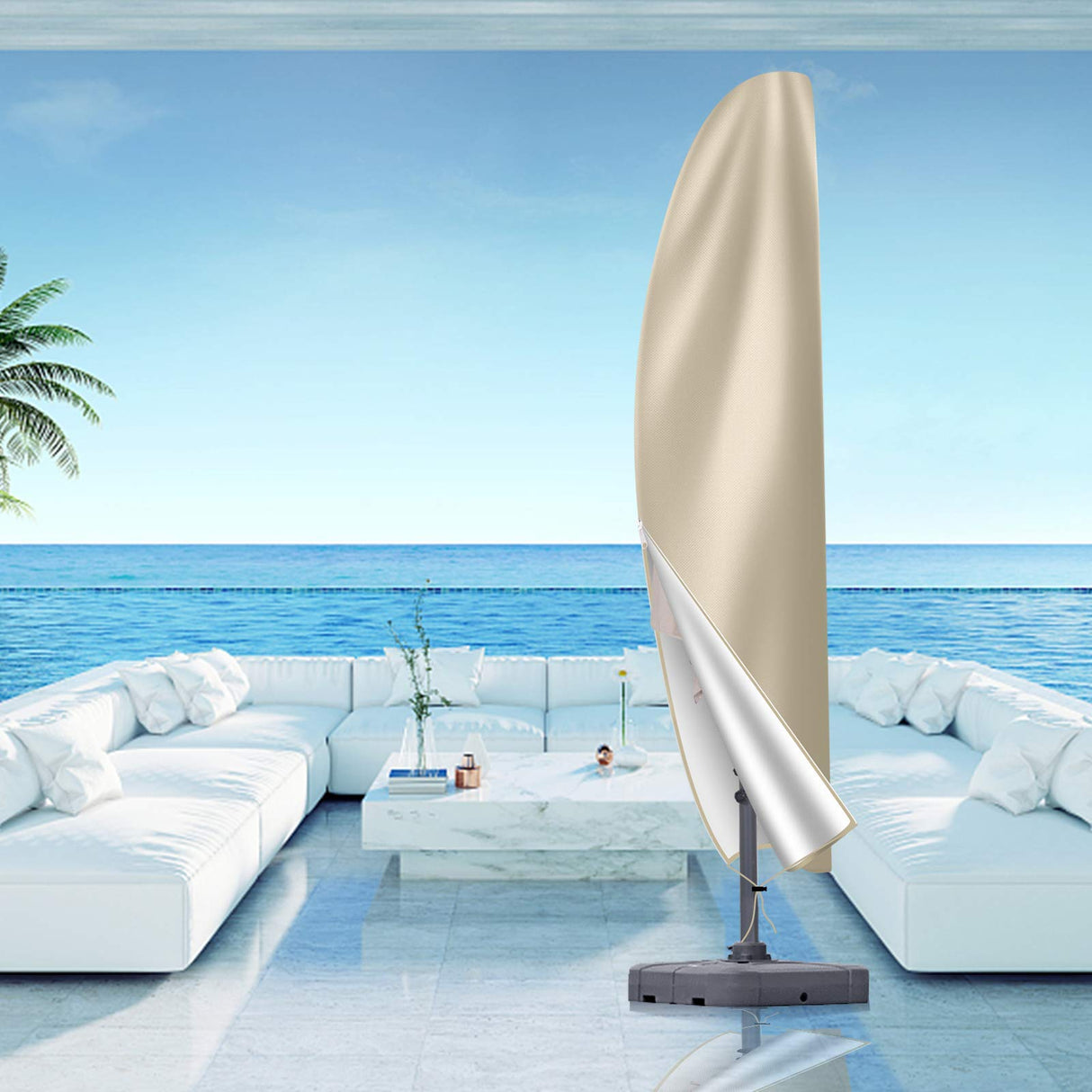 Patio Cantilever Umbrella Covers for Outdoor: Waterproof Offset Umbrella Cover Banana Style with Zipper fits 9FT to 14FT, Khaki OKPOW