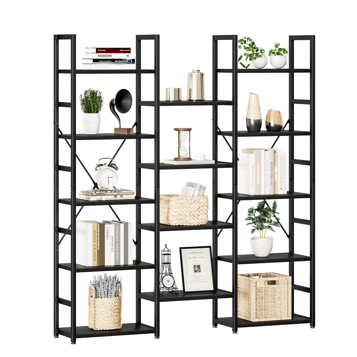 NUMENN Triple Column 5 Tier Bookshelf, Bookcase with 14 Open Display Shelves, Adjustable Rustic Industrial Style Book Shelves, Modern Bookshelves for Bedroom, Living Room and Home Office, Black NUMENN