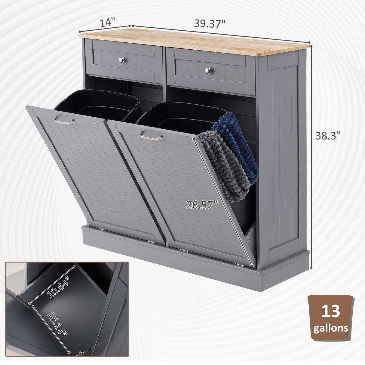 AHB Double Tilt Out Trash Cabinet Kitchen Trash Bin Cabinet 2x13 Gallons Free Standing Recycling Trash Can Cabinet with Hideaway Drawers Pet Proof Trash Can Holder for Kitchen Living Room, Grey AHB