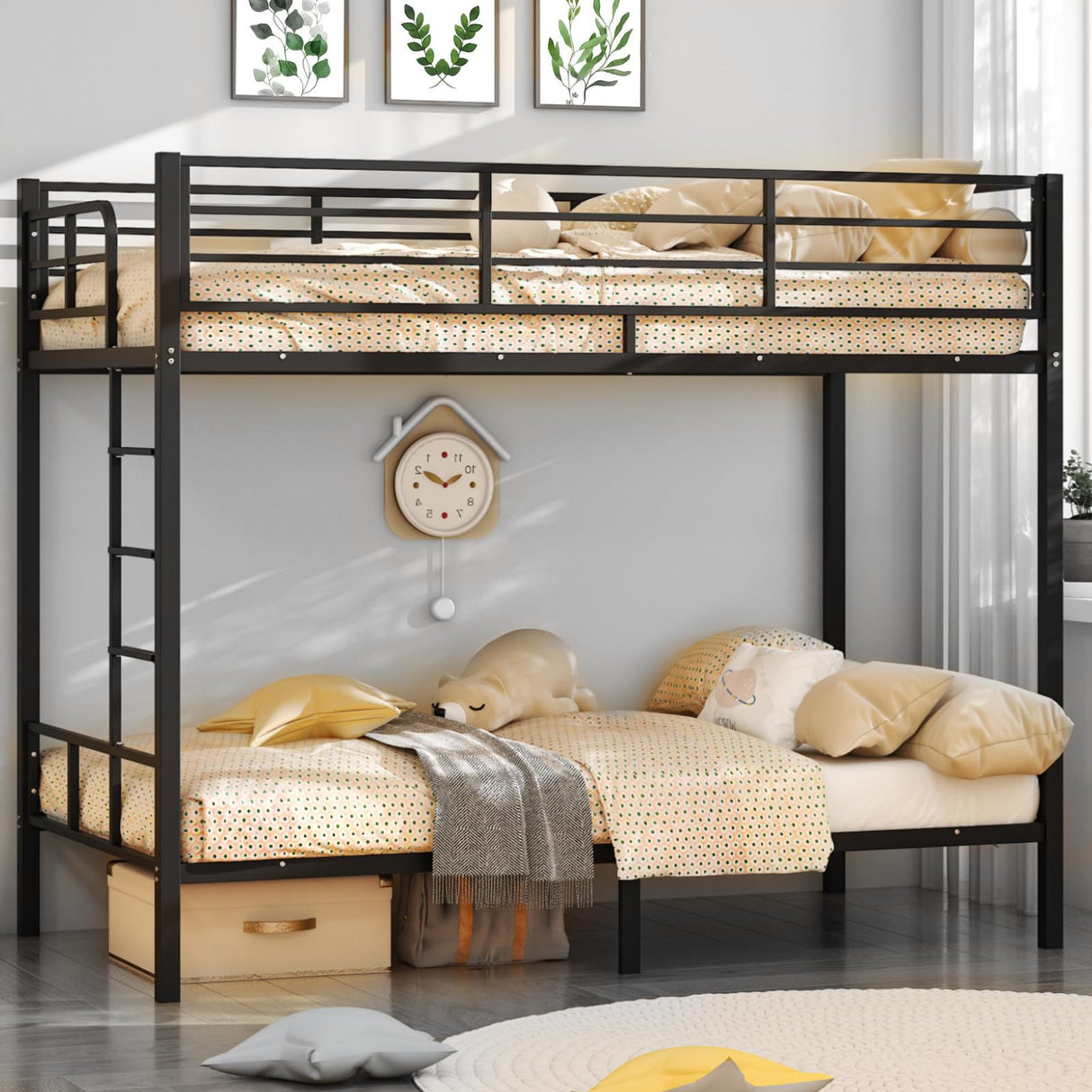 VINGLI Bunk Bed Twin Over Twin with 15 Inches Extra High Guardrail 2 Deckers Bunk Bed with Stairs & Flat Rungs, Heavy Duty Metal Slats, No Box Spring Needed, Black VINGLI