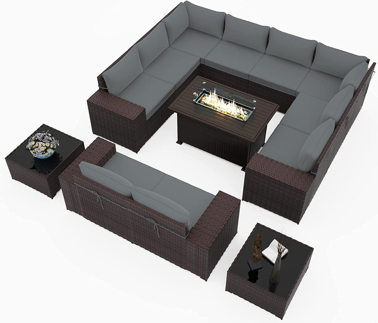 RTDTD Outdoor Patio Furniture Set with Propane Fire Pit Table, 13 Pieces Outdoor Furniture Patio Sectional Sofa Conversation Sets w/ETL Approved 43" Gas Outdoor Fire Table & Coffee Table (Grey) RTDTD