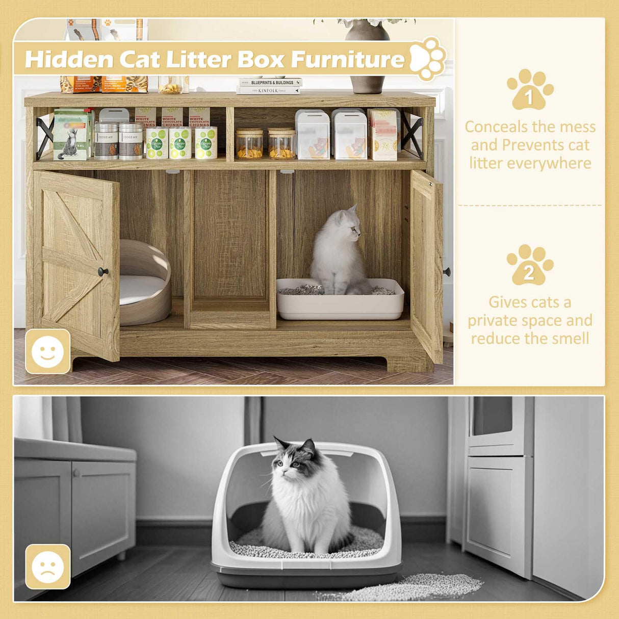 47” Cat Litter Box Furniture, Hidden Litter Box Furniture with Storage & Adjustable Shelves, Enclosed Wood Cat House, Farmhouse, Suitable for Living Room Bedroom, Easy Assembly (Brown) HRVEOCEI