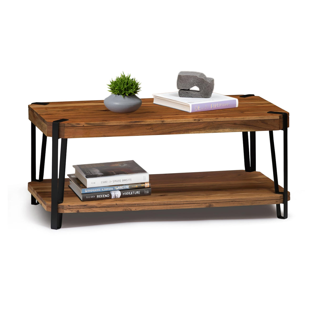 Ryegate 42-Inch Coffee Table – Solid Acacia Wood Live Edge Top with Lower Shelf and Metal Frame Base – Rustic Industrial Modern Living Room Center Table by Alaterre Furniture (Natural) Alaterre Furniture
