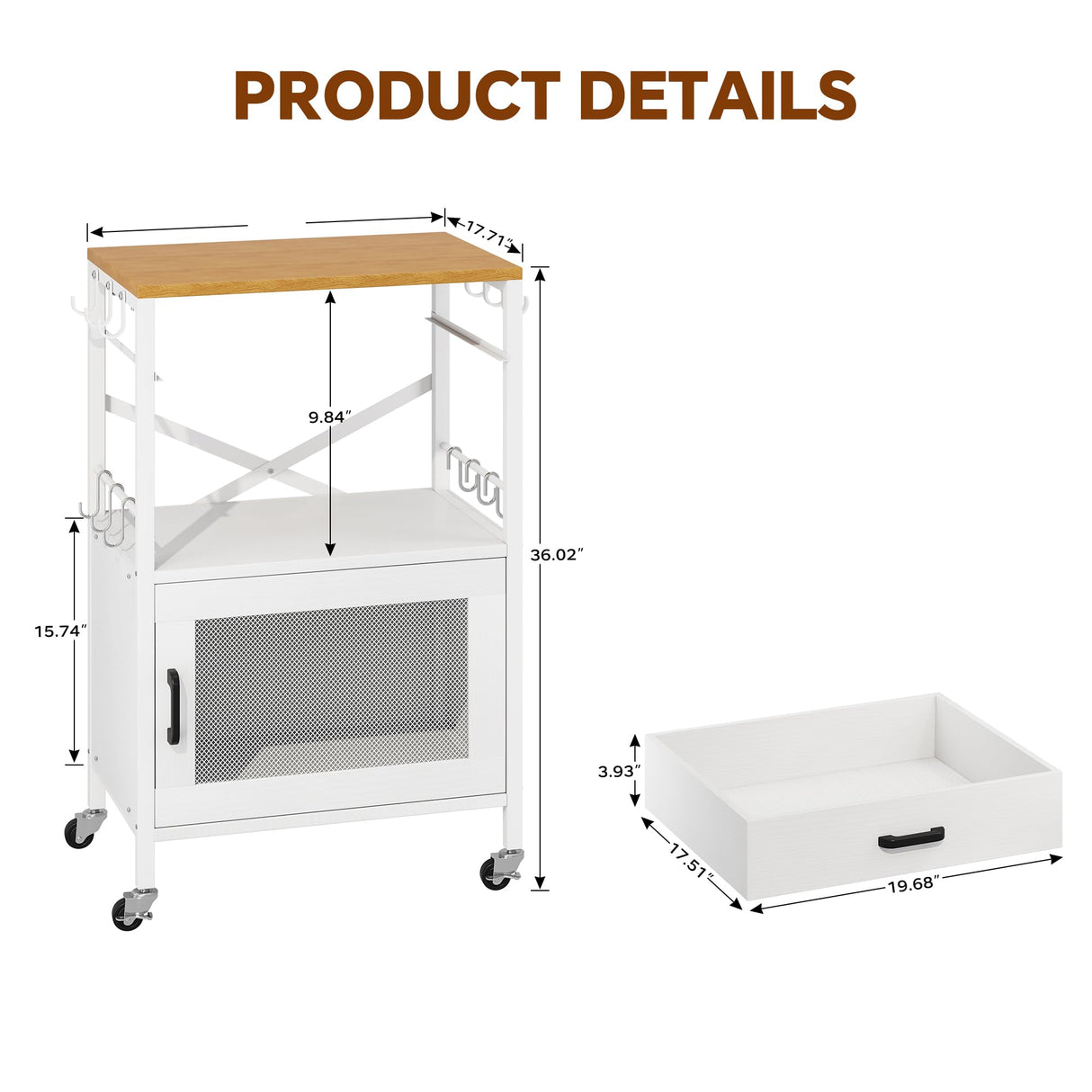 Homeiju Kitchen Island Cart, Kitchen Storage Cart with Drawer, Microwaves Stand, Coffee Cart, Rolling Kitchen Cabinet Cart with Hooks for Kitchen, Dining Room, White Homeiju