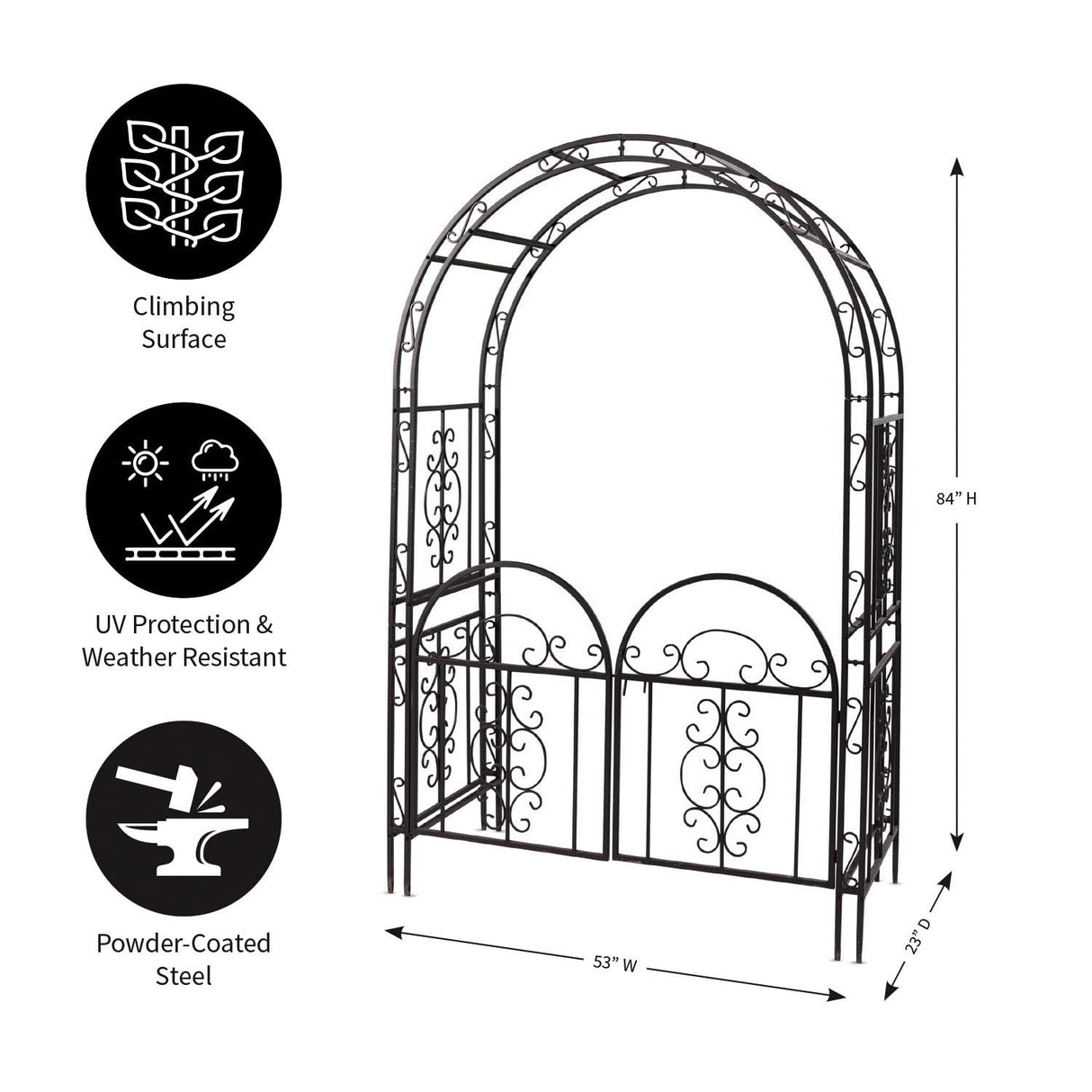 Plow & Hearth Arch Metal Outdoor Garden Arbor Double Gate | Montebello | 84" H x 53" W x 23" D | Gunmetal Black | Trellis Lattice Climbing Plants Plow & Hearth