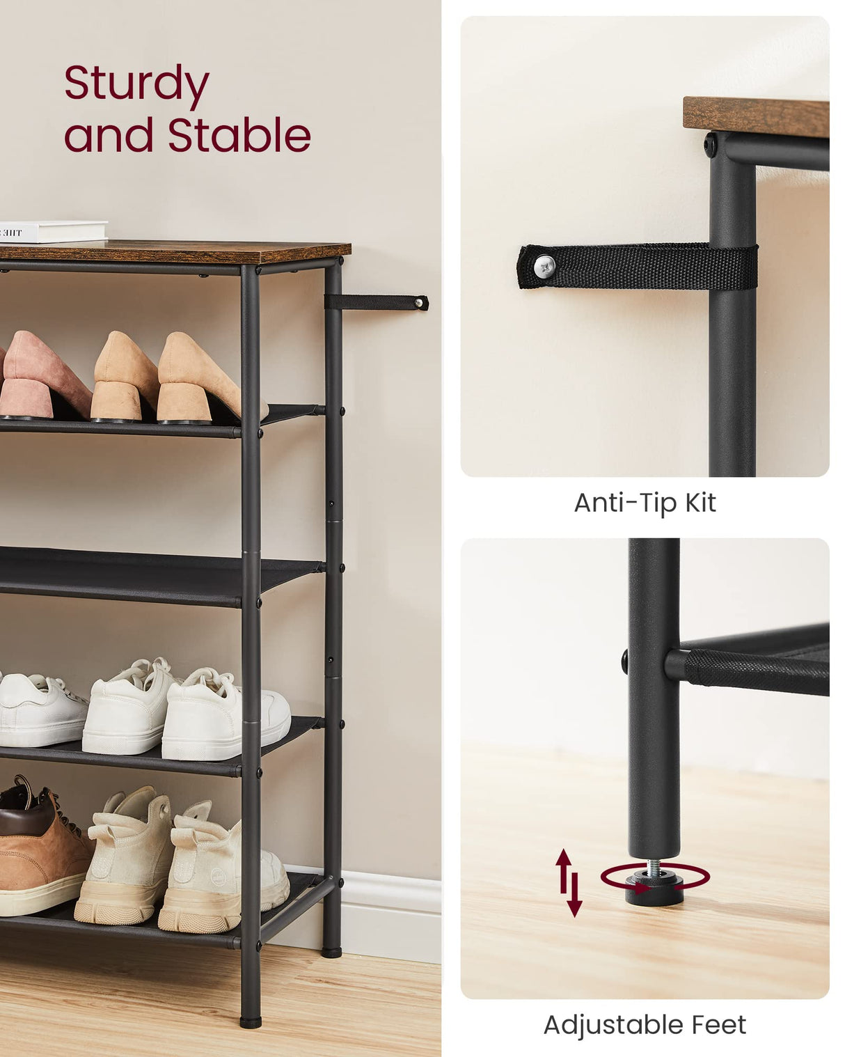 VASAGLE Shoe Rack, 5 Tier Shoe Storage Rack for 20-24 Pairs of Shoes, Shoe Organizer for Entryway, with 4 Fabric Shelves and Wooden Top, Steel Frame, Industrial, Rustic Brown and Black ULBS136B01 VASAGLE