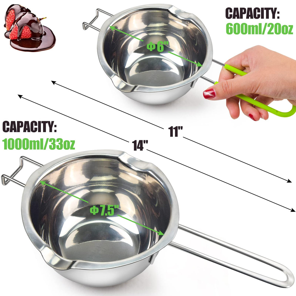 Double Boiler Pot Set for Melting Chocolate, Butter, Cheese, Caramel and Candy - 18/8 Steel Melting Pot, 2 Cup Capacity, Including The 1000ml and 600ml Capacity… Sysmie