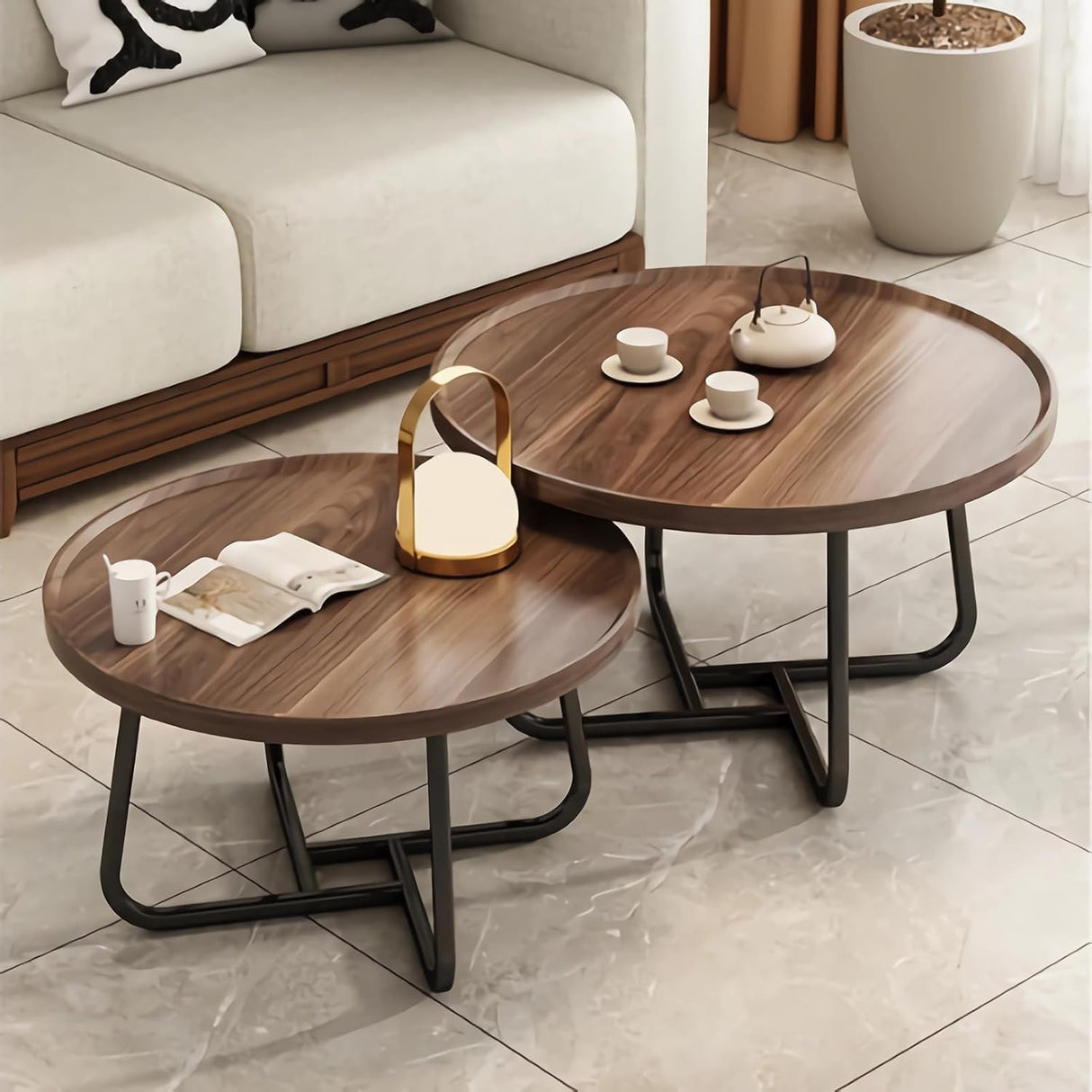 Windpost Round Nesting Coffee Table Set of 2, 28" Round Walnut with Fluted,Mid Century Modern,Center for Living Room Bedroom Office Balcony Yard Windpost