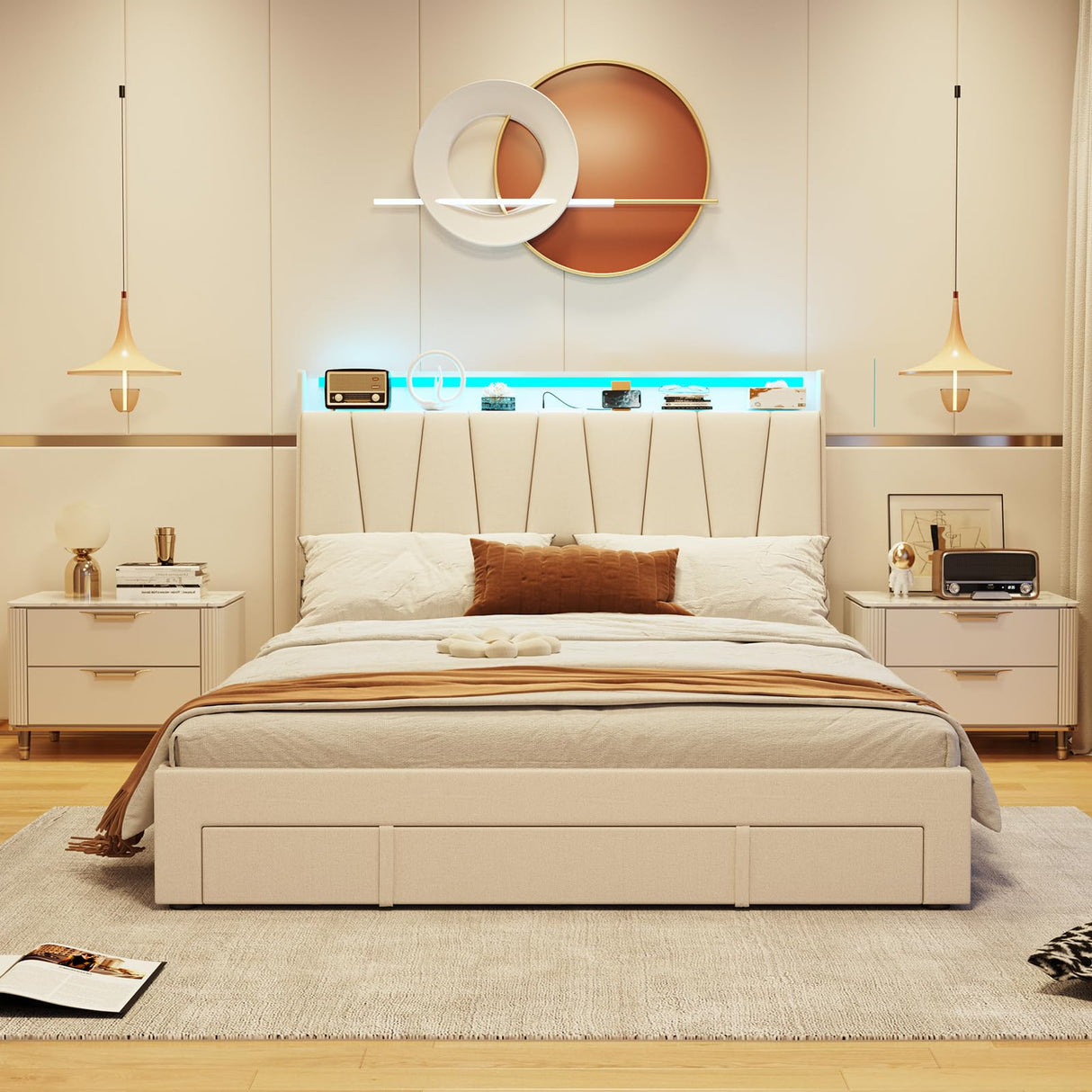 Fameill Full Size Bed Frame with Storage Headboard and 3 Drawers,Upholstered Platform Bed with Charging Station,Full Bed Frame with LED Lights,No Box Spring,Beige Fameill