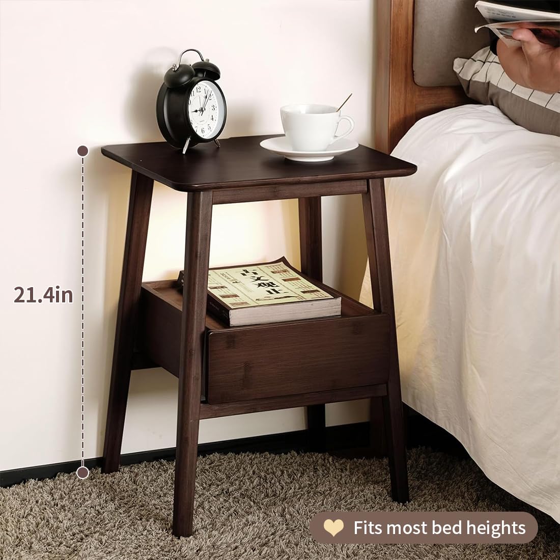 Kuabner Night Stand with Drawer, Mid Century Modern Nightstand, Bedside Tables with Open Storage Shelf,Large Storage End Table, Bamboo Night Stands for Bedrooms Kuabner