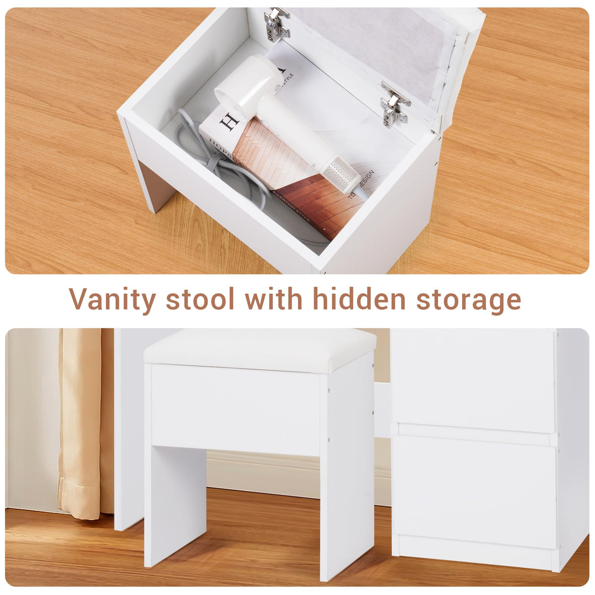 Lynxor Vanity Desk with Mirror and 12 LED Lights, Makeup Vanity Table with USB & Power Outlets, Spacious Storage Drawers, Shelves, and Cushioned Stool, Perfect for Bedroom, Hairdryer Holder, White Lynxor