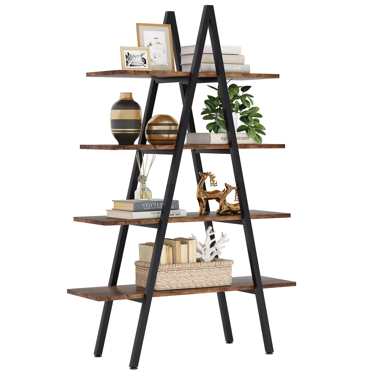 Tribesigns Industrial A-Shaped 4-Tier Bookshelf with Open Display Shelves for Home and Office Tribesigns