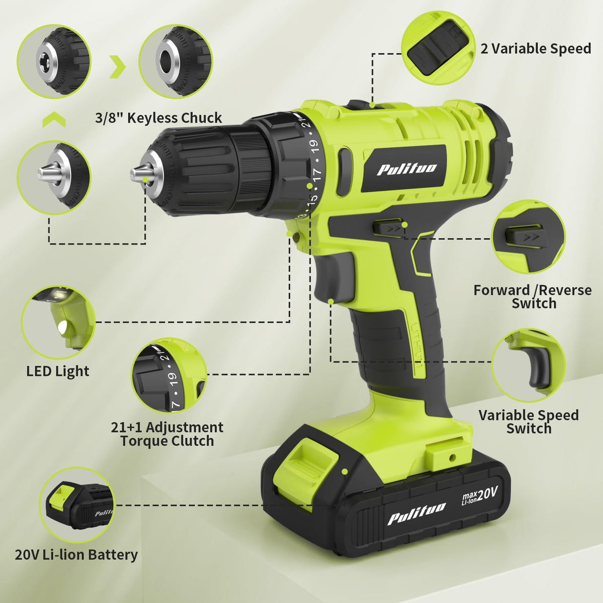 PULITUO'S 20V Cordless Drill/Driver, Electric Screwdriver - 2 Batteries, 30Nm, 21+1 Torque, 2 Speed, Keyless 3/8" Chase Drill with LED Light, Kit for Home (Green) PULITUO