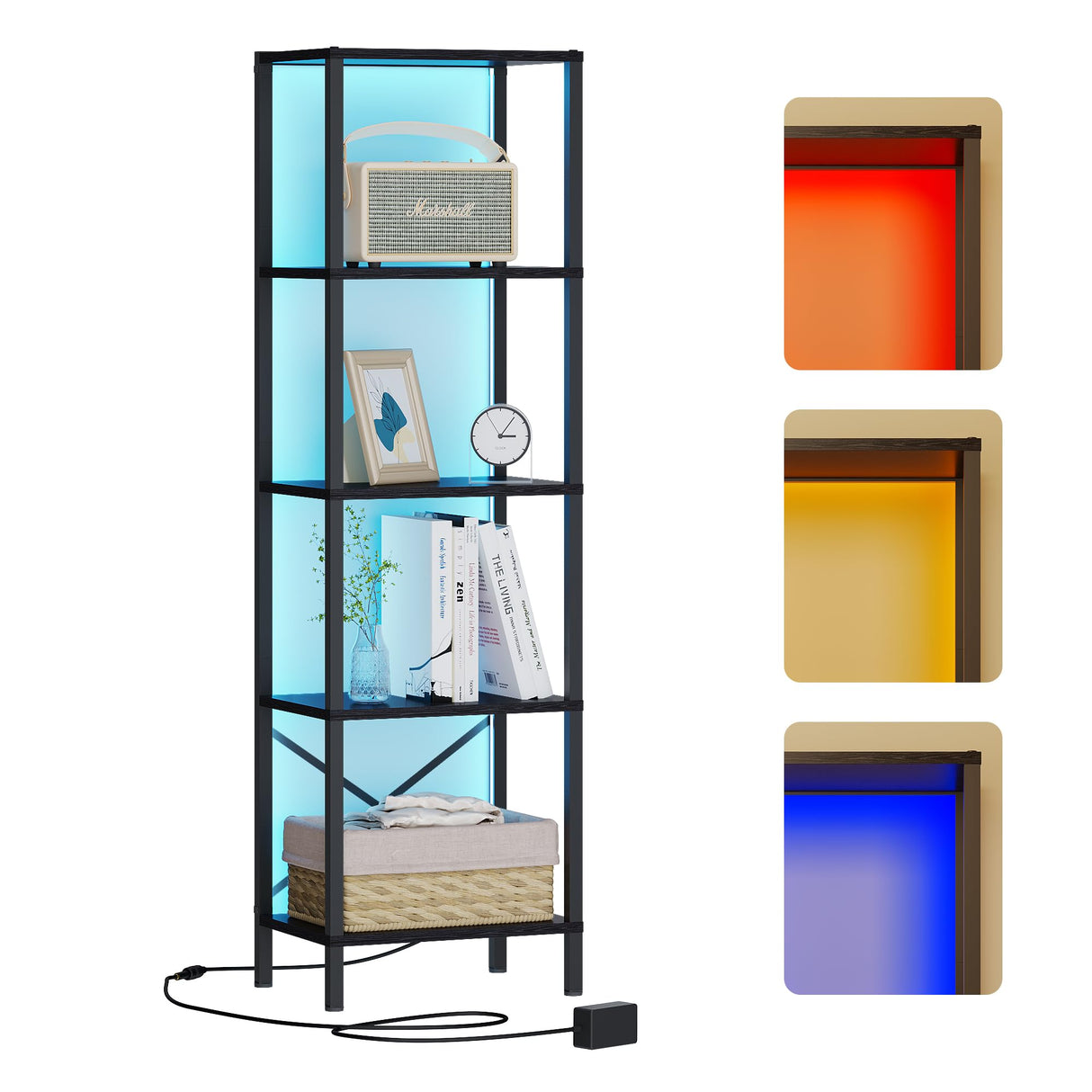 JARHETUN 5-Tier Bookshelf, Tall Narrow Bookcase with LED Lights, Book Shelf with Steel Frame, Display Storage Shelf for Living Room, Bedroom, Home Office, Study, Balcony, Black JARHETUN