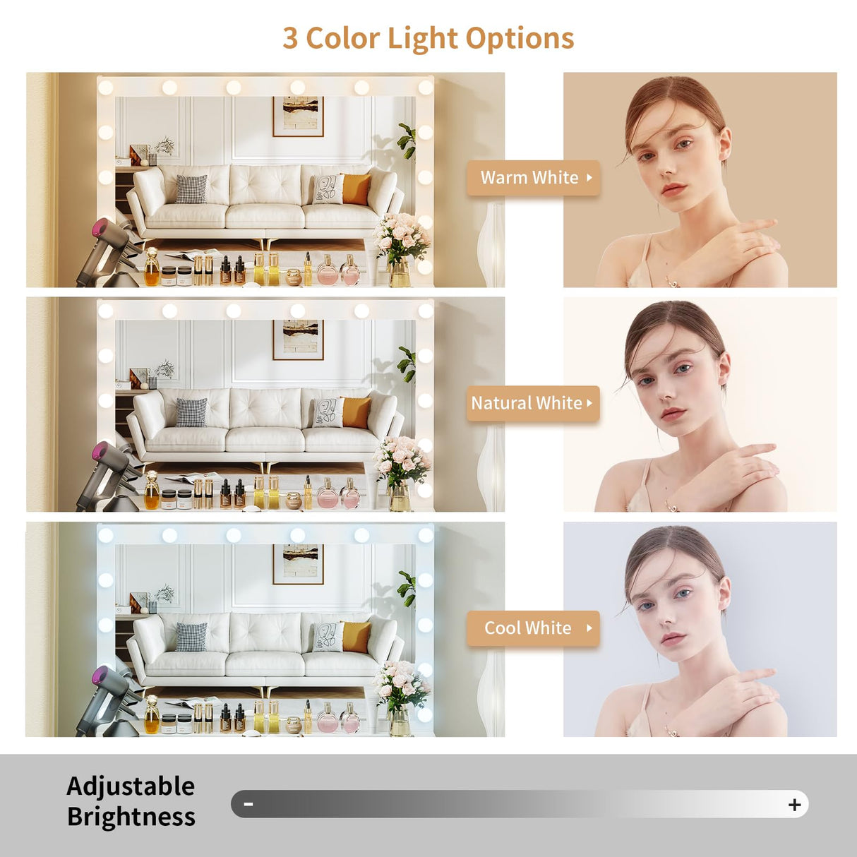 VOWNER Vanity with Lighted Mirror - Makeup Vanity Desk with Glass Top, 7 Drawers and Power Outlet, 3 Color Lighting Modes Adjustable Brightness, 44" Vanity Table with Stool for Women Girls, White VOWNER