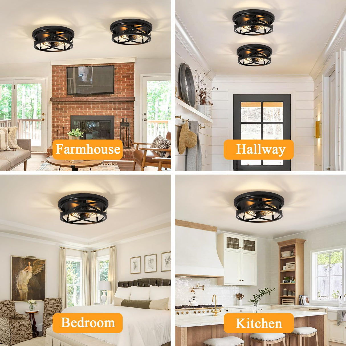 Elekeed 2-Light Flush Mount Ceiling Light Fixture, Farmhouse Ceiling Lights for Kitchen, Modern Black Close to Ceiling Light for Hallway Bedroom Balcony Porch Stairway, E26, (2 Pack) Elekeed